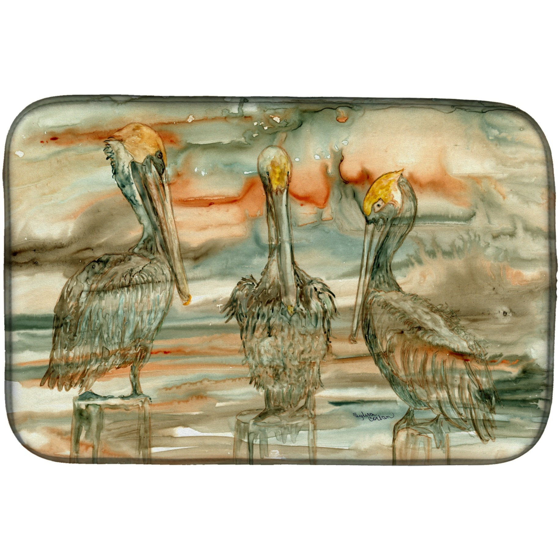 Pelicans on their perch Abstract Dish Drying Mat 8980DDM