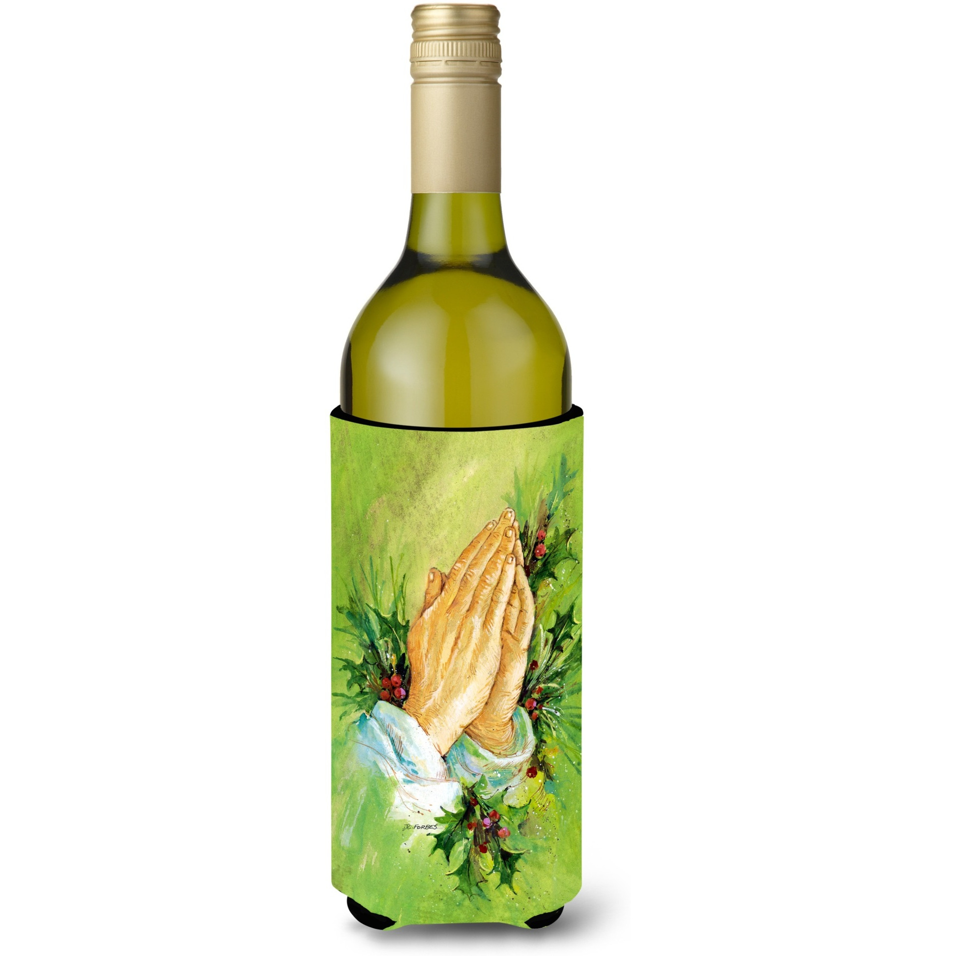 &quotCaroline's Treasures Praying Hangs with Holly Leaves Wine Bottle Koozie Hugger, 750ml, Multicolor"