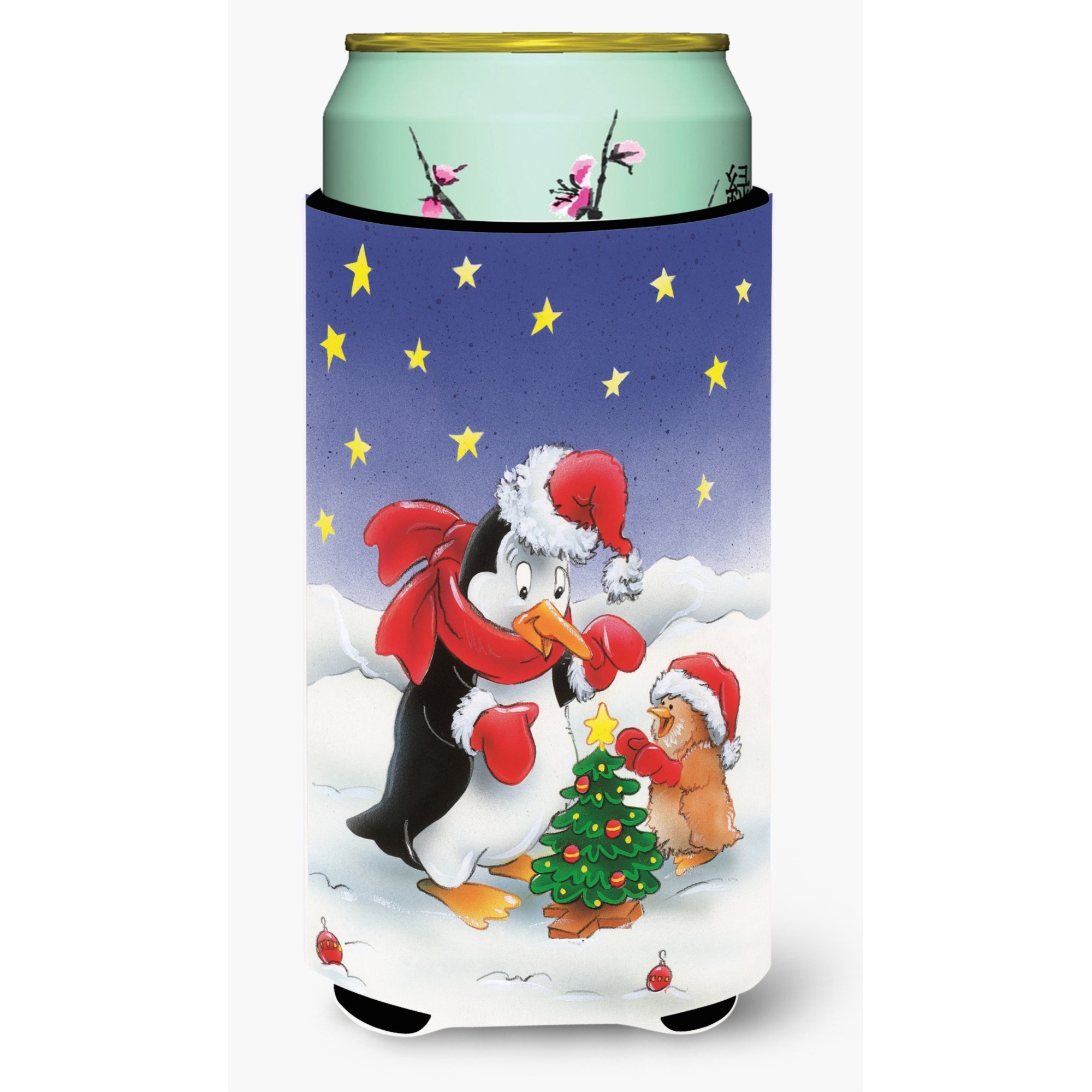 &quotCaroline's Treasures Penguin and Robin with Christmas Tree Tall Boy Koozie Hugger, Multicolor"