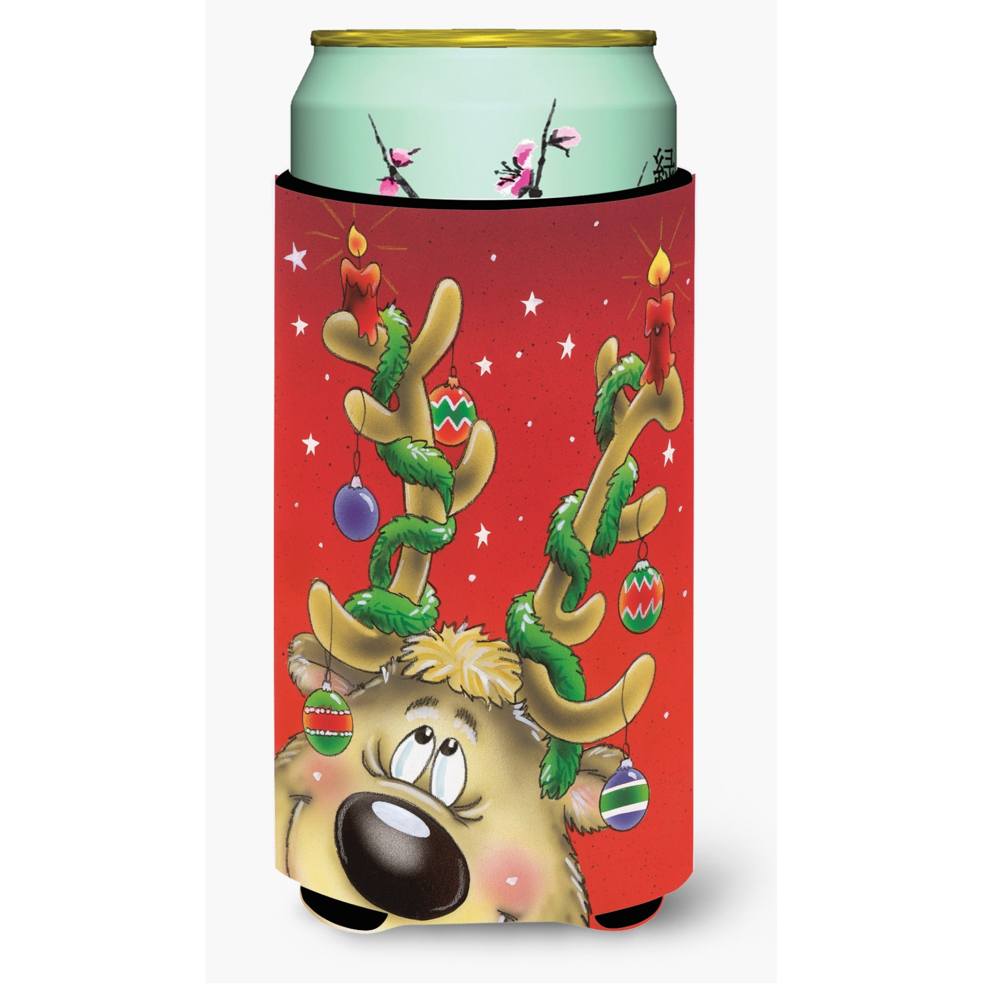 &quotCaroline's Treasures Comic Reindeer with Decorated Antlers Tall Boy Koozie Hugger, Multicolor"