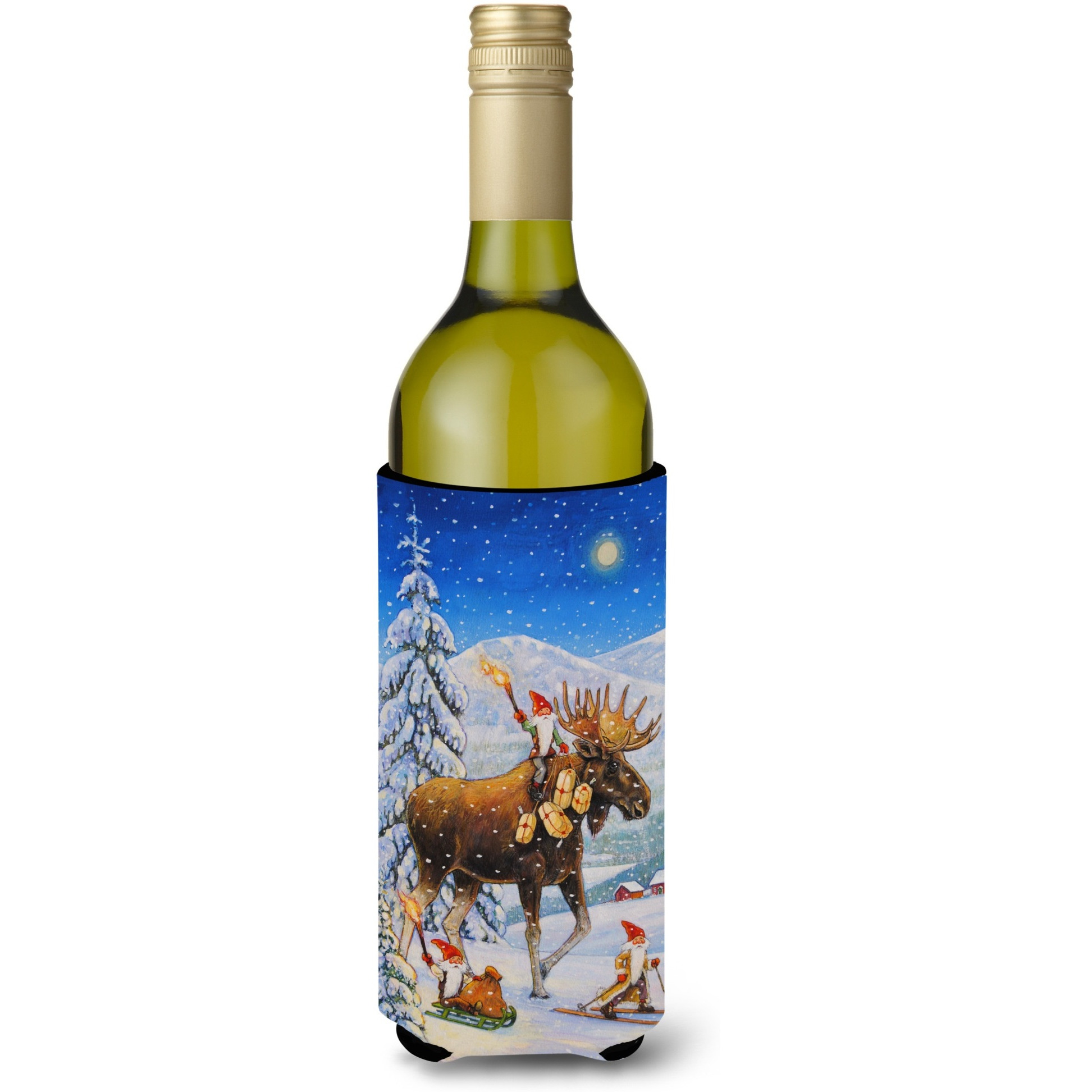 &quotCaroline's Treasures Christmas Gnome Riding Reindeer Wine Bottle Koozie Hugger, 750ml, Multicolor"