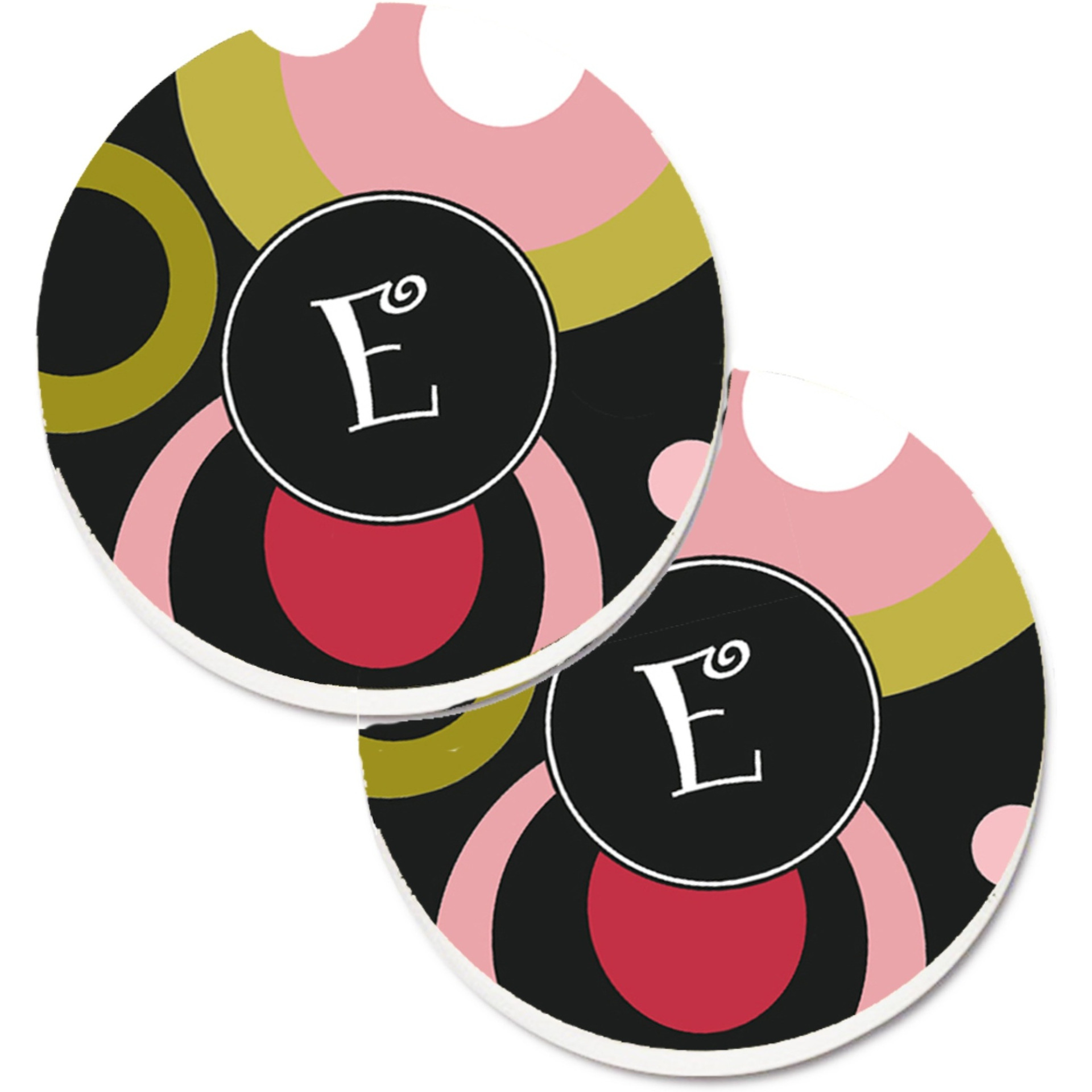 &quotCaroline's Treasures Letter E Monogram - Retro In black Set of 2 Cup Holder Car Coasters AM1001-ECARC, 2.56, Multicolor"