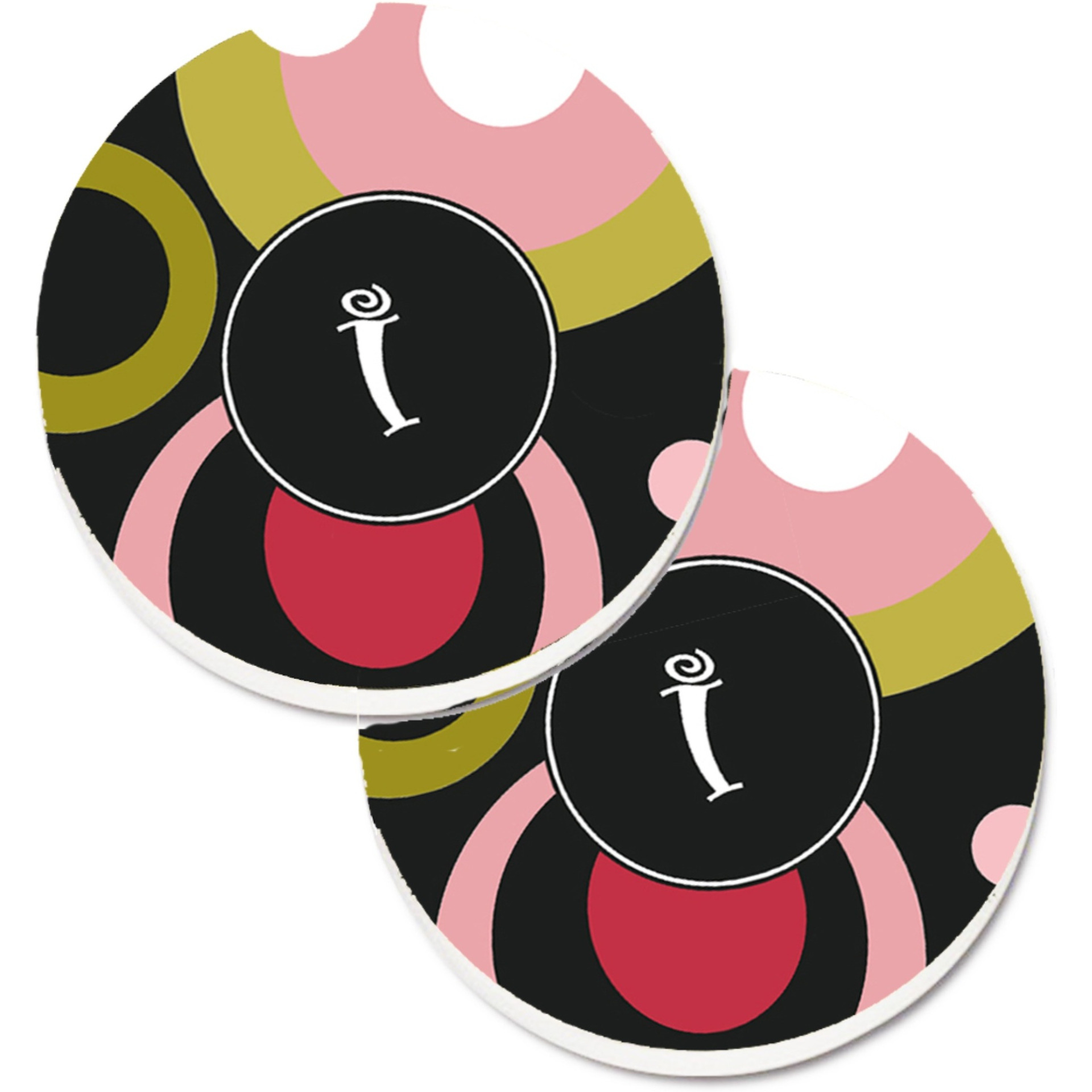 &quotCaroline's Treasures Letter I Monogram - Retro In black Set of 2 Cup Holder Car Coasters AM1001-ICARC, 2.56, Multicolor"
