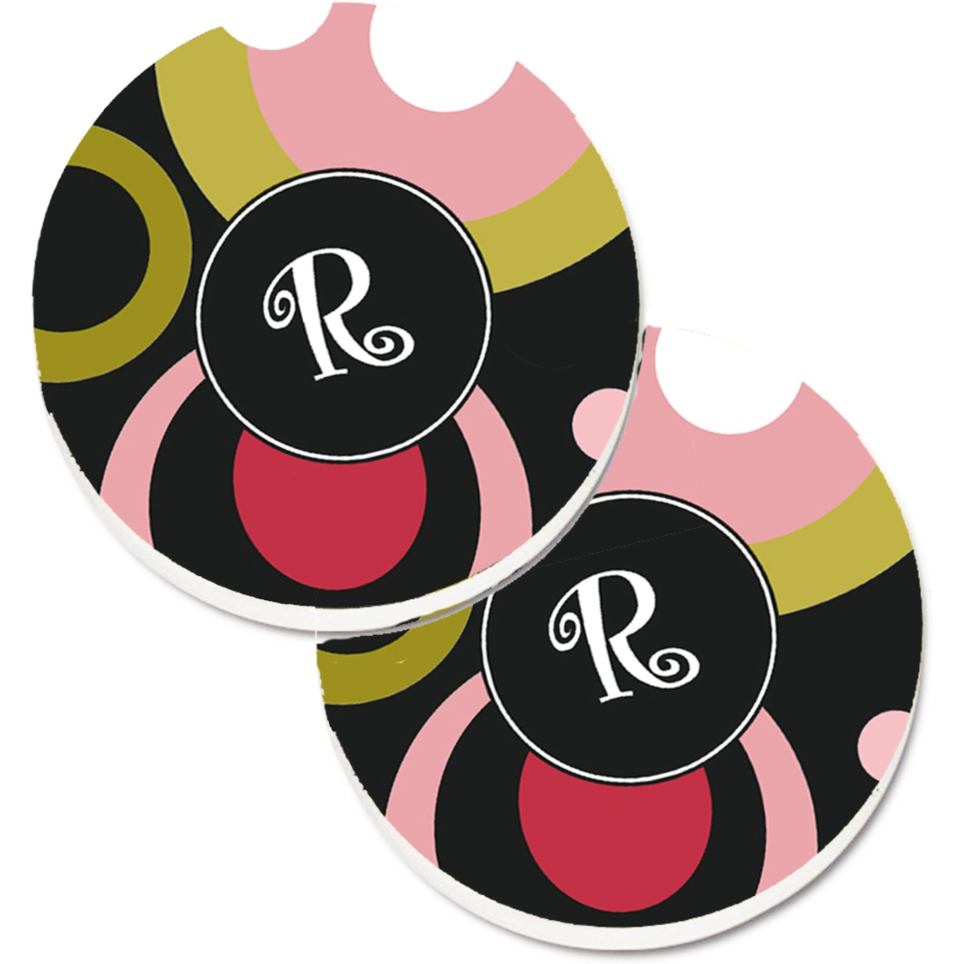 &quotCaroline's Treasures Letter R Monogram - Retro In black Set of 2 Cup Holder Car Coasters AM1001-RCARC, 2.56, Multicolor"
