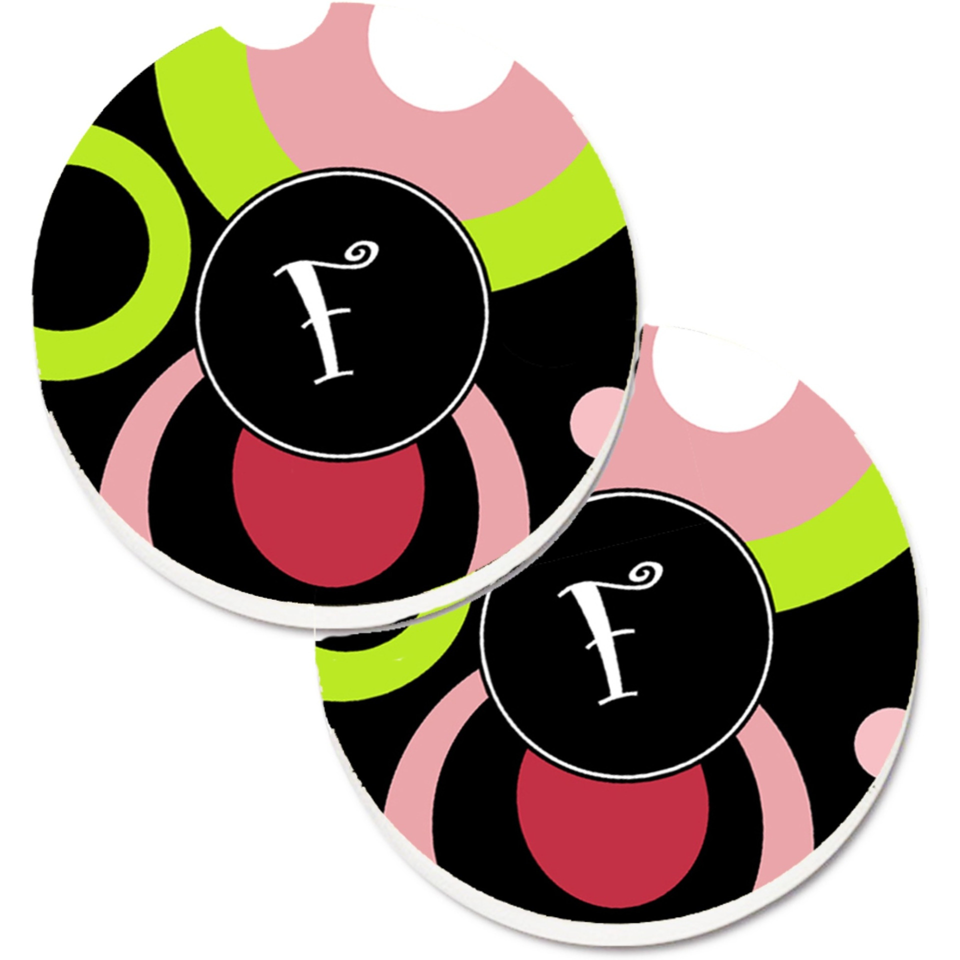&quotCaroline's Treasures Letter F Monogram - Retro In black Set of 2 Cup Holder Car Coasters AM1002-FCARC, 2.56, Multicolor"