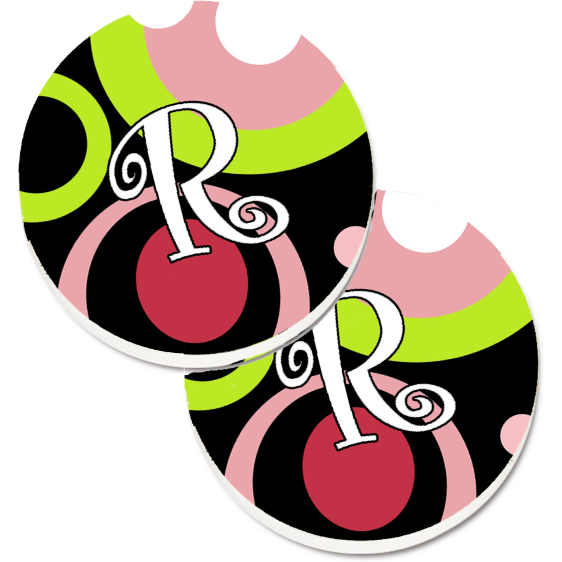 &quotCaroline's Treasures Letter R Monogram - Retro In black Set of 2 Cup Holder Car Coasters AM1002-RCARC, 2.56, Multicolor"