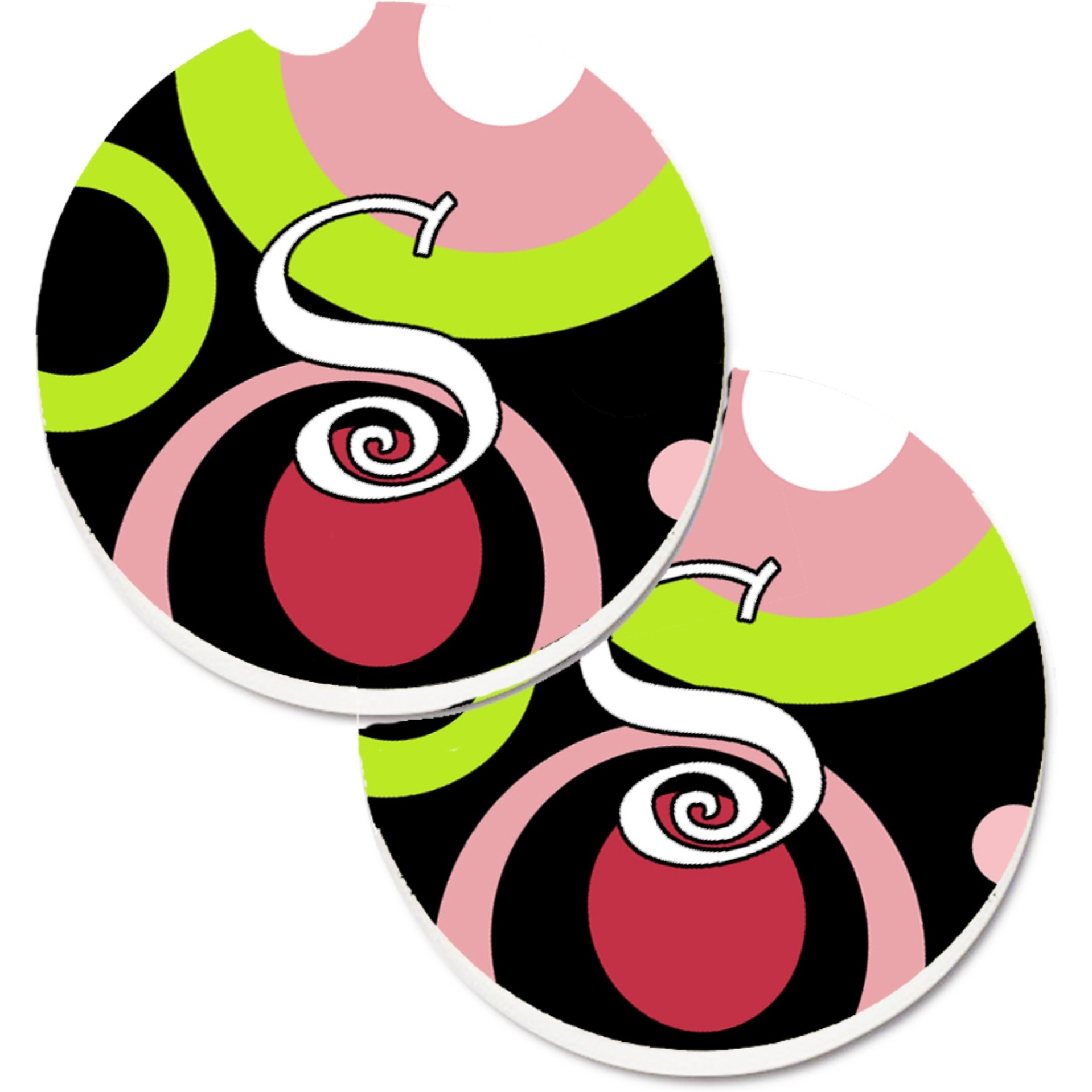 &quotCaroline's Treasures Letter S Monogram - Retro In black Set of 2 Cup Holder Car Coasters AM1002-SCARC, 2.56, Multicolor"