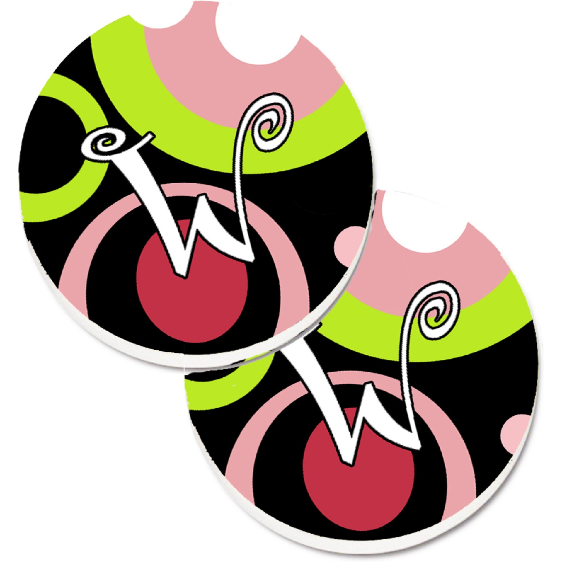 &quotCaroline's Treasures Letter W Monogram - Retro In black Set of 2 Cup Holder Car Coasters AM1002-WCARC, 2.56, Multicolor"