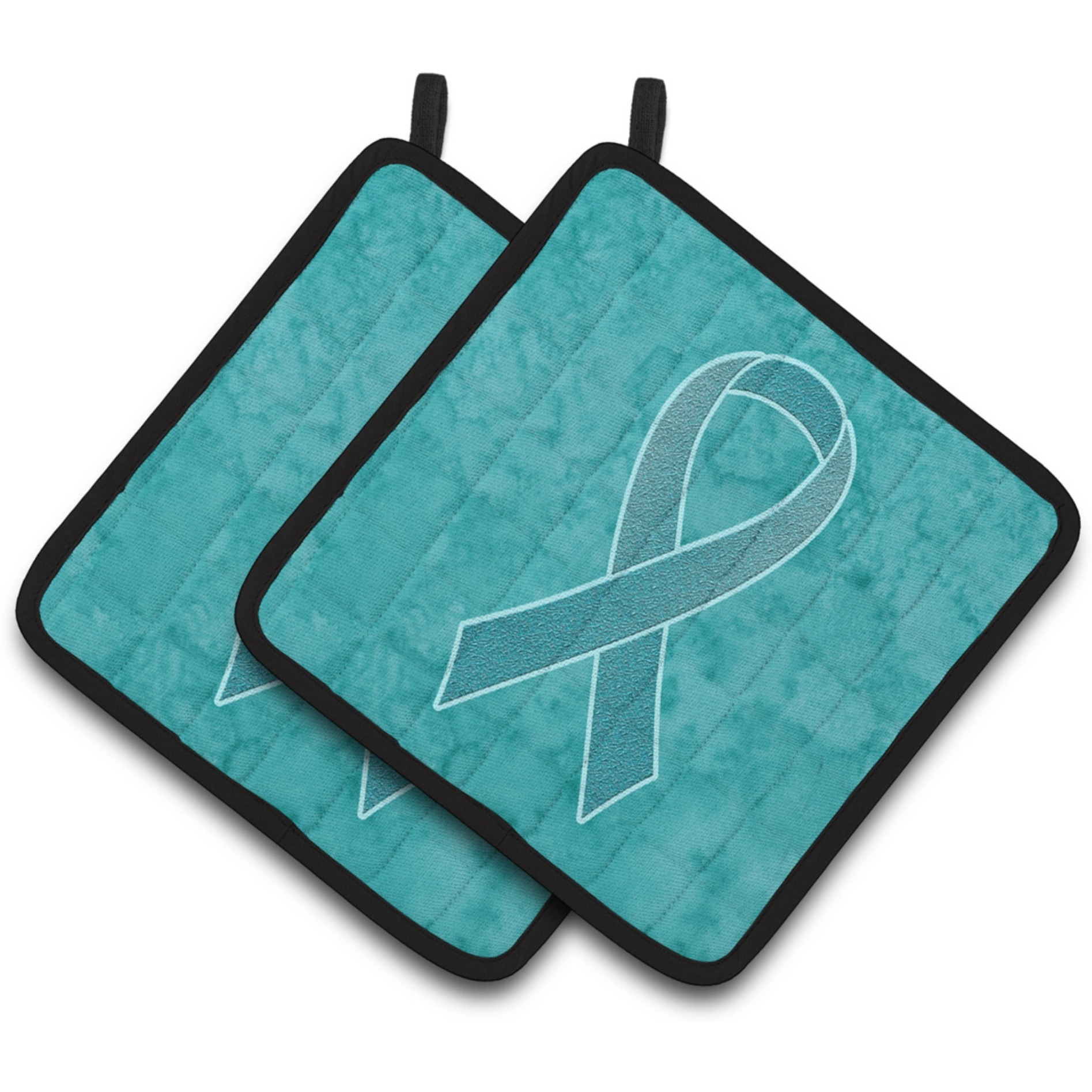 &quotCaroline's Treasures Teal Ribbon For Ovarian Cancer Awareness Pair of Pot Holders AN1201PTHD, 7.5HX7.5W, Multicolor"