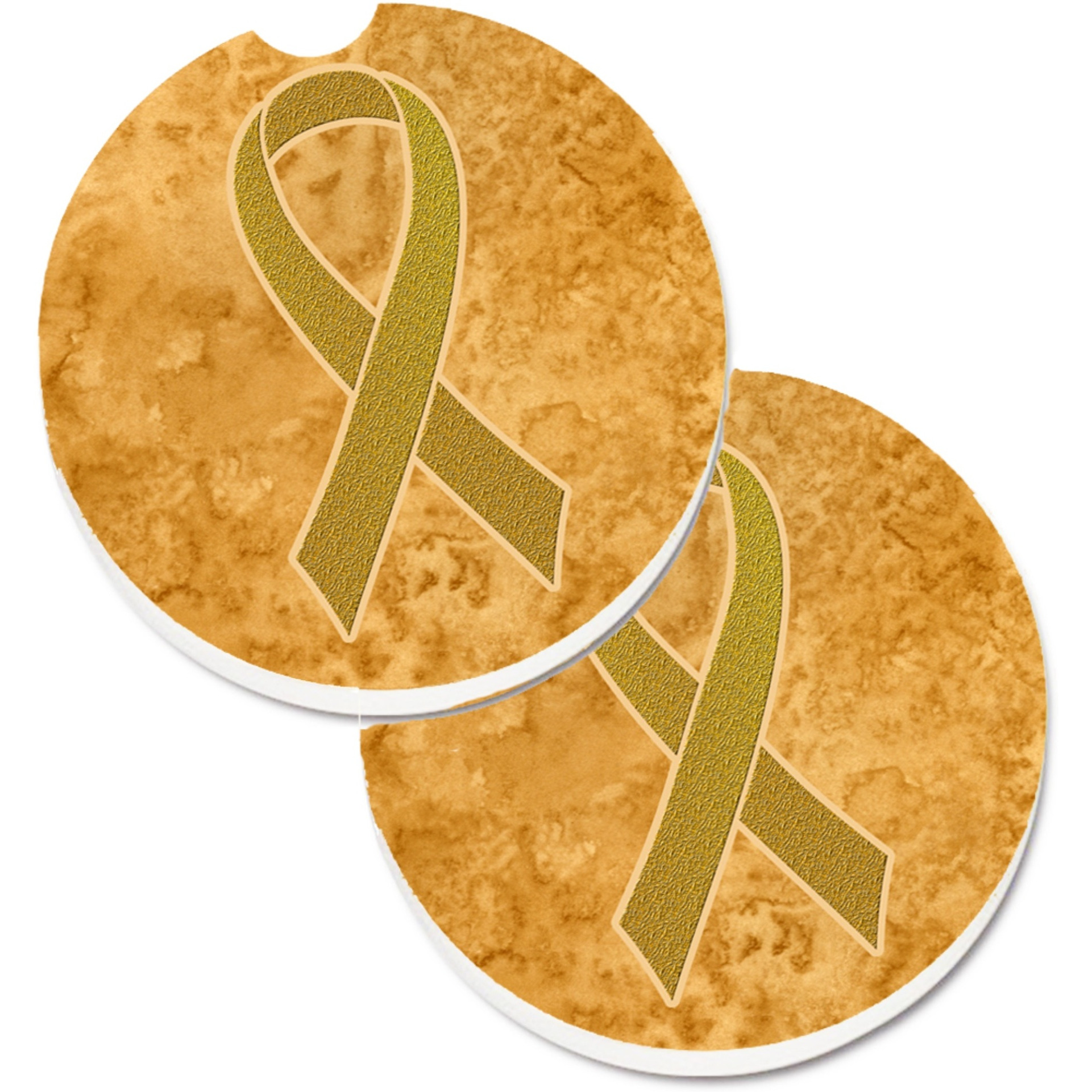 &quotCaroline's Treasures Gold Ribbon For Childhood Cancers Awareness Set of 2 Cup Holder Car Coasters AN1209CARC, 2.56, Multicolor"