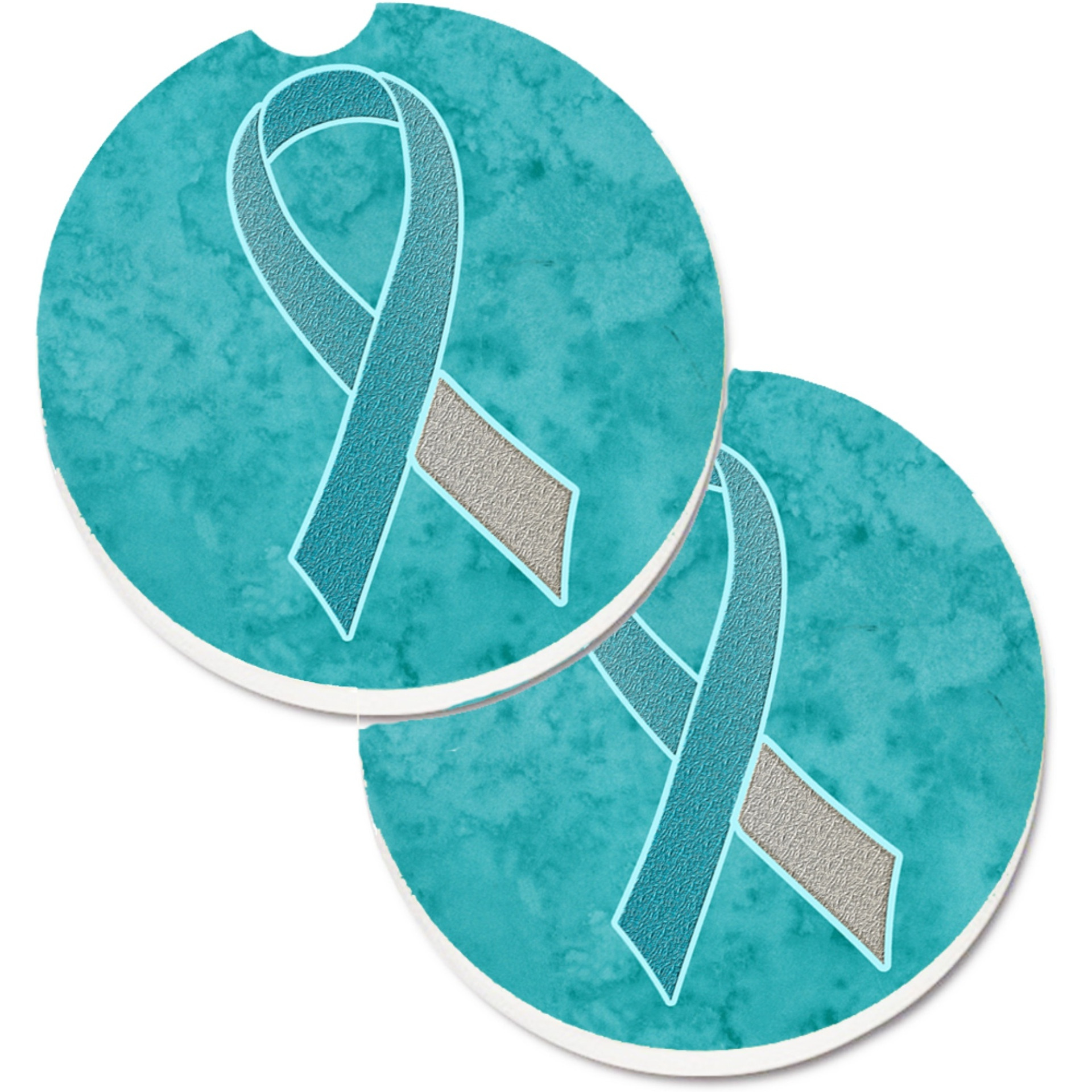 &quotCaroline's Treasures Teal & White Ribbon For Cervical Cancer Awareness Set of 2 Cup Holder Car Coasters AN1215CARC, 2.56, Multicolor"