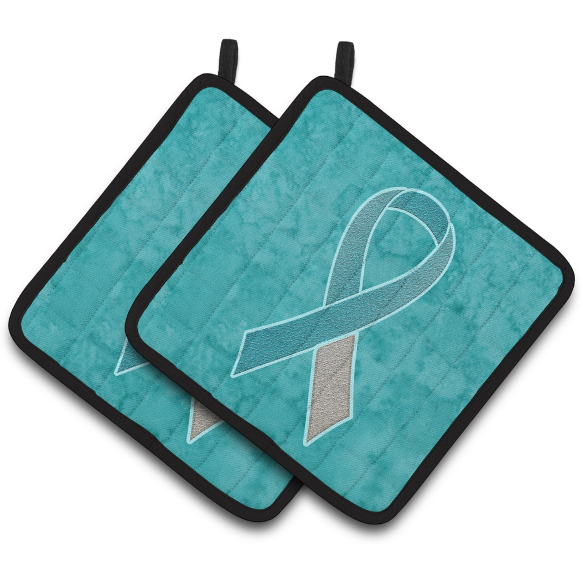 &quotCaroline's Treasures Teal & White Ribbon For Cervical Cancer Awareness Pair of Pot Holders AN1215PTHD, 7.5HX7.5W, Multicolor"