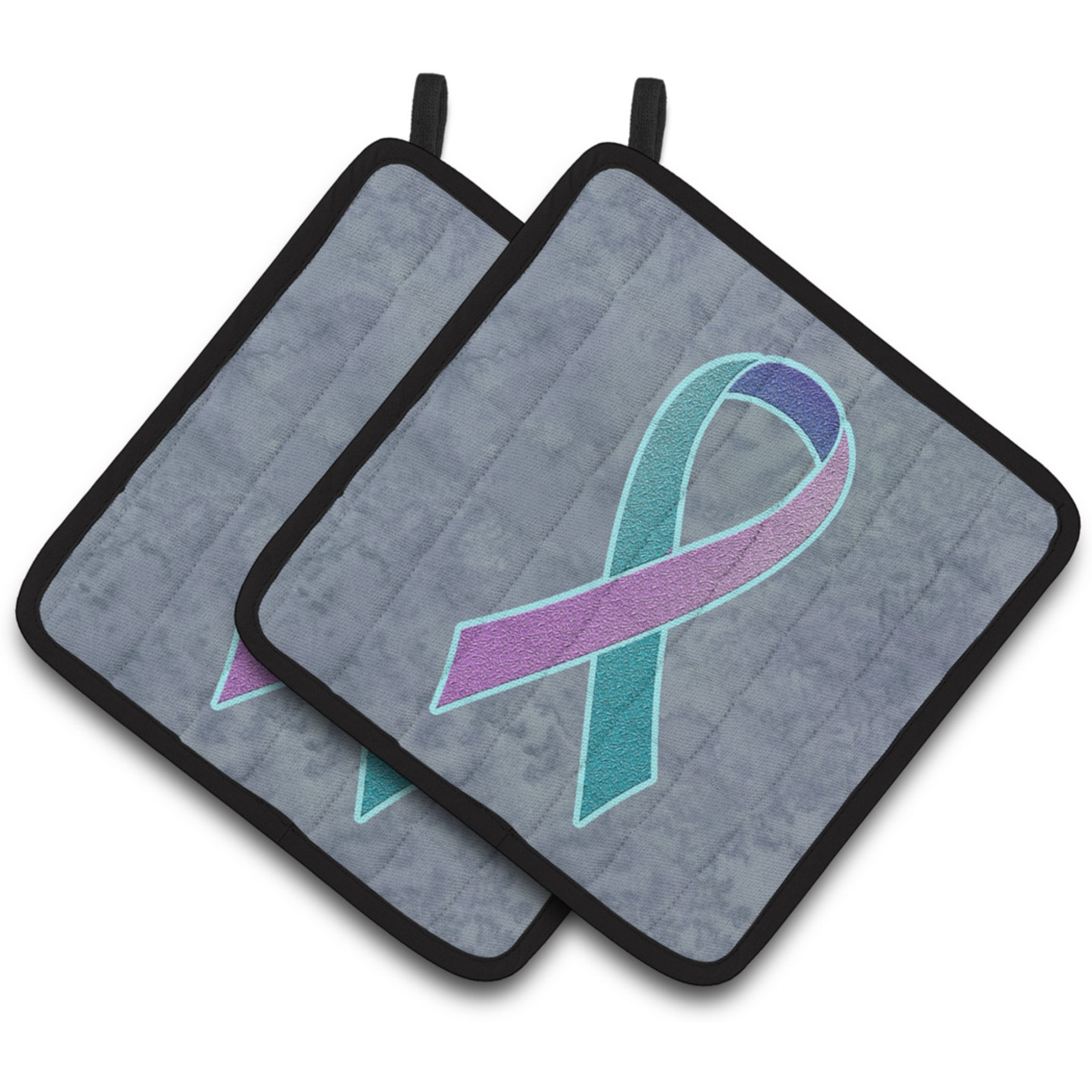 &quotCaroline's Treasures Teal, Pink & Blue Ribbon For Thyroid Cancer Awareness Pair of Pot Holders AN1217PTHD, 7.5HX7.5W, Multicolor"