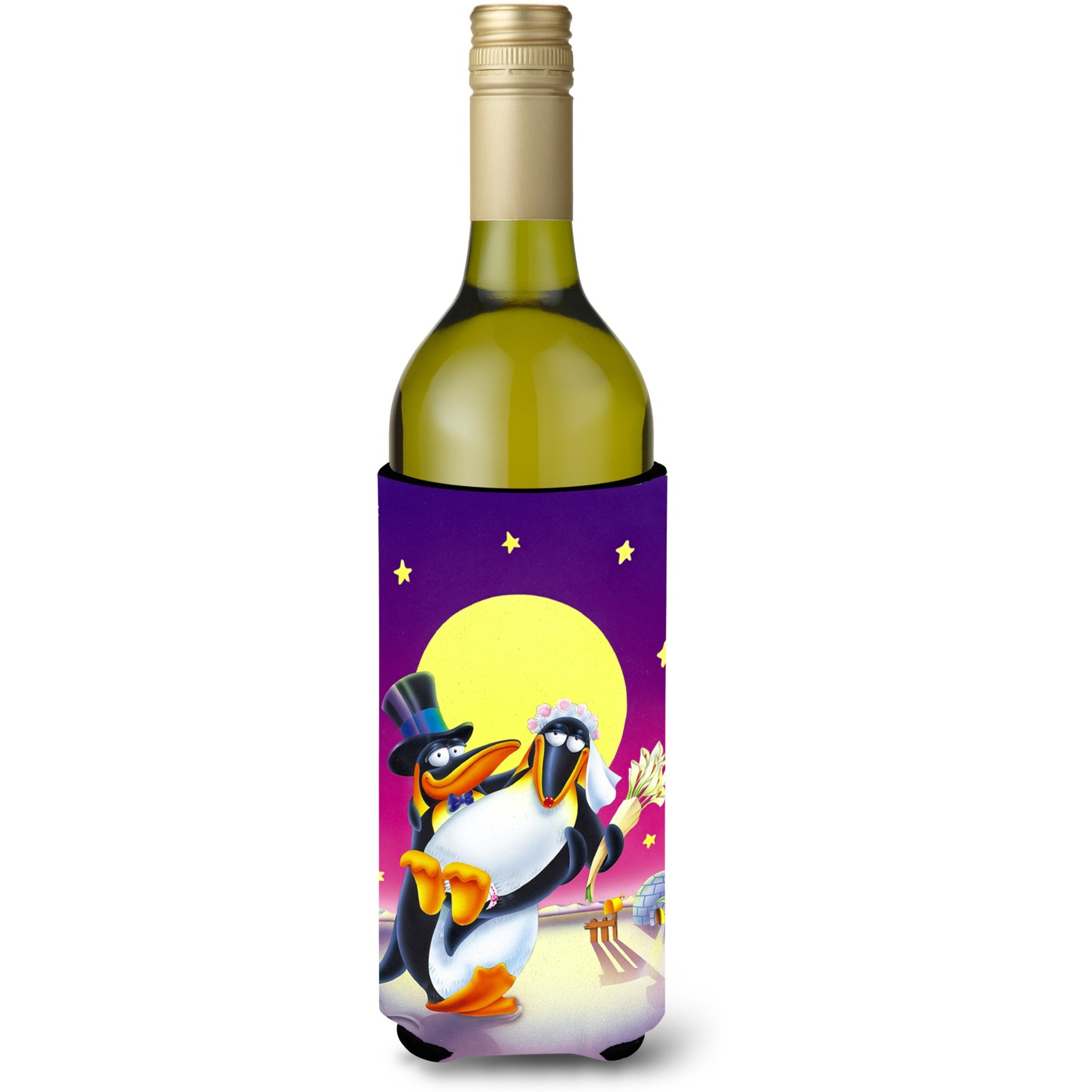 &quotCaroline's Treasures APH0244LITERK Just Married Wedding Penguins Wine Bottle Koozie Hugger, 750ml, Multicolor"