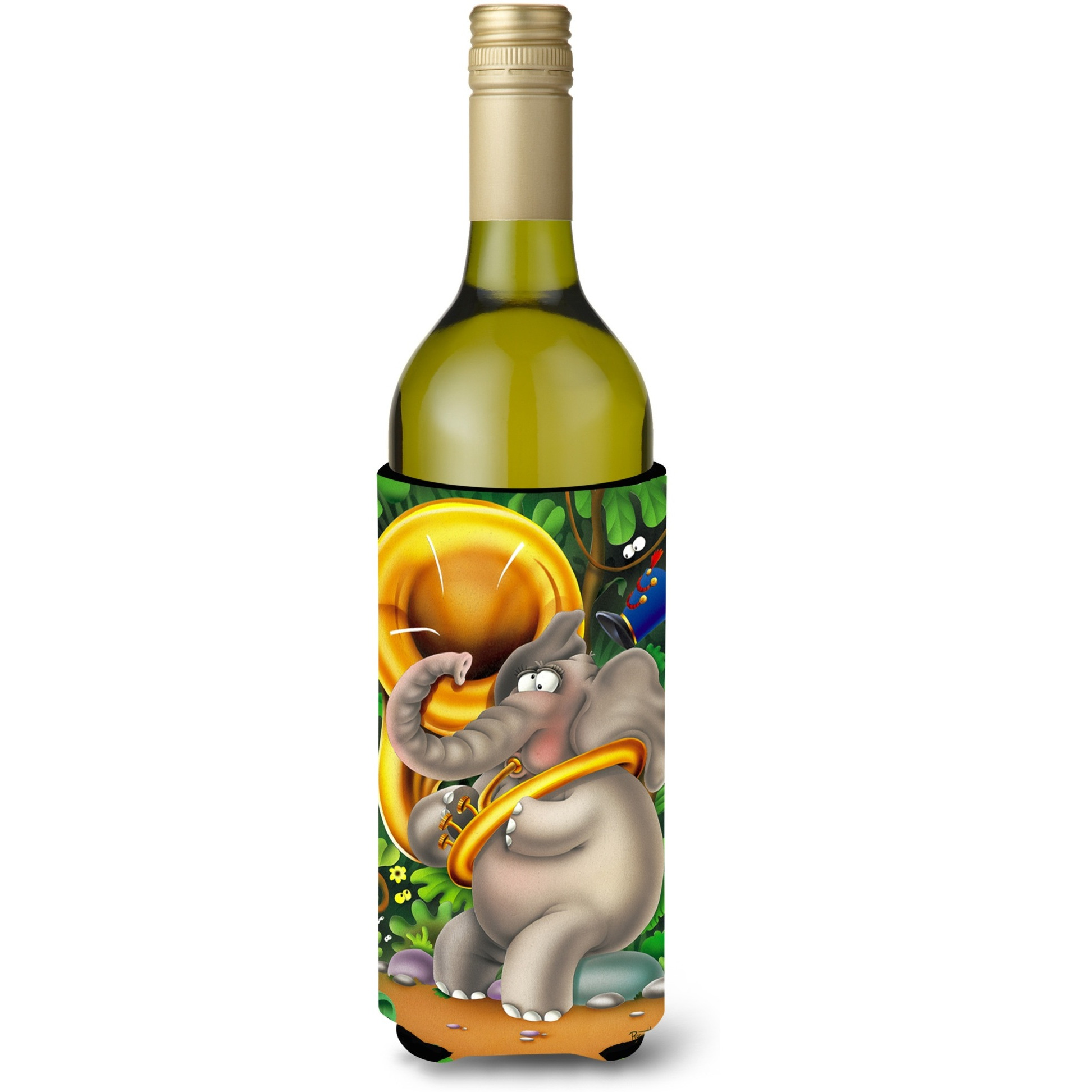 &quotCaroline's Treasures APH0248LITERK Elephant Playing The Tuba Wine Bottle Koozie Hugger, 750ml, Multicolor"