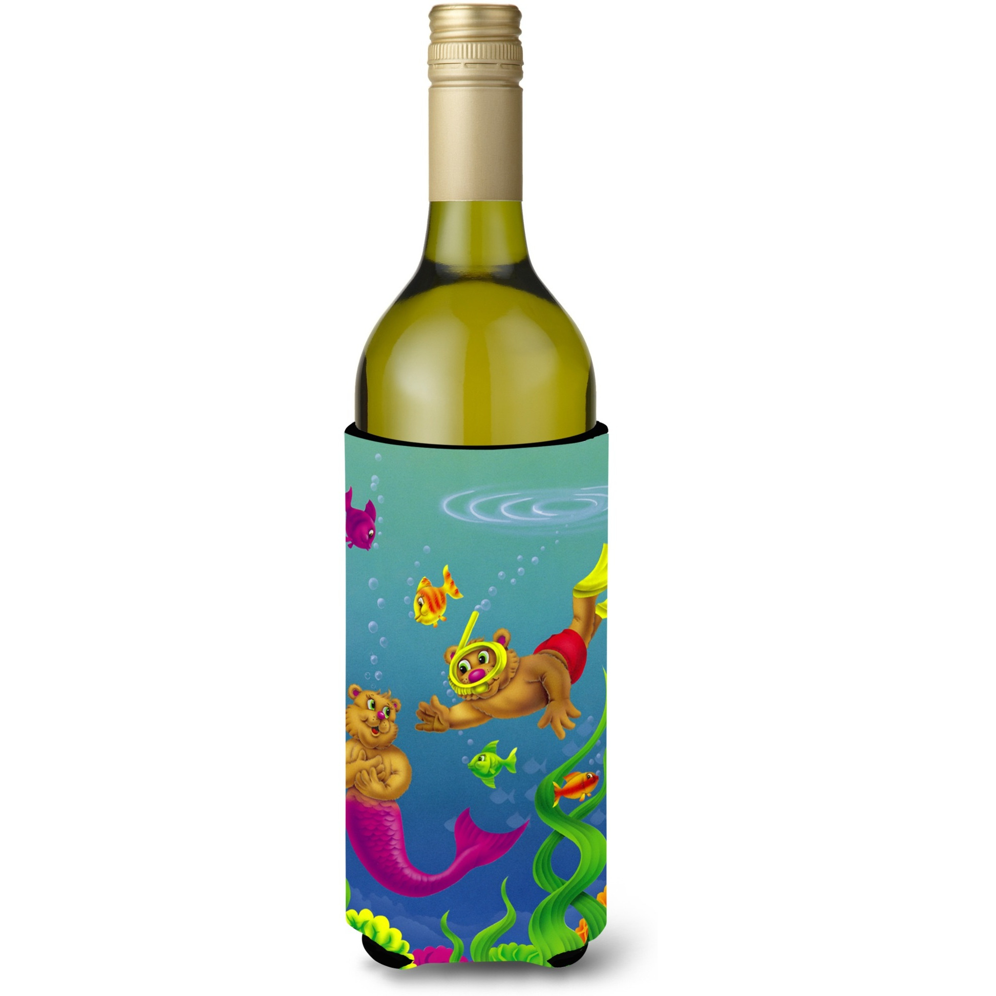 &quotCaroline's Treasures APH0414LITERK Teddy Bear Mermaid And Diver Wine Bottle Koozie Hugger, 750ml, Multicolor"