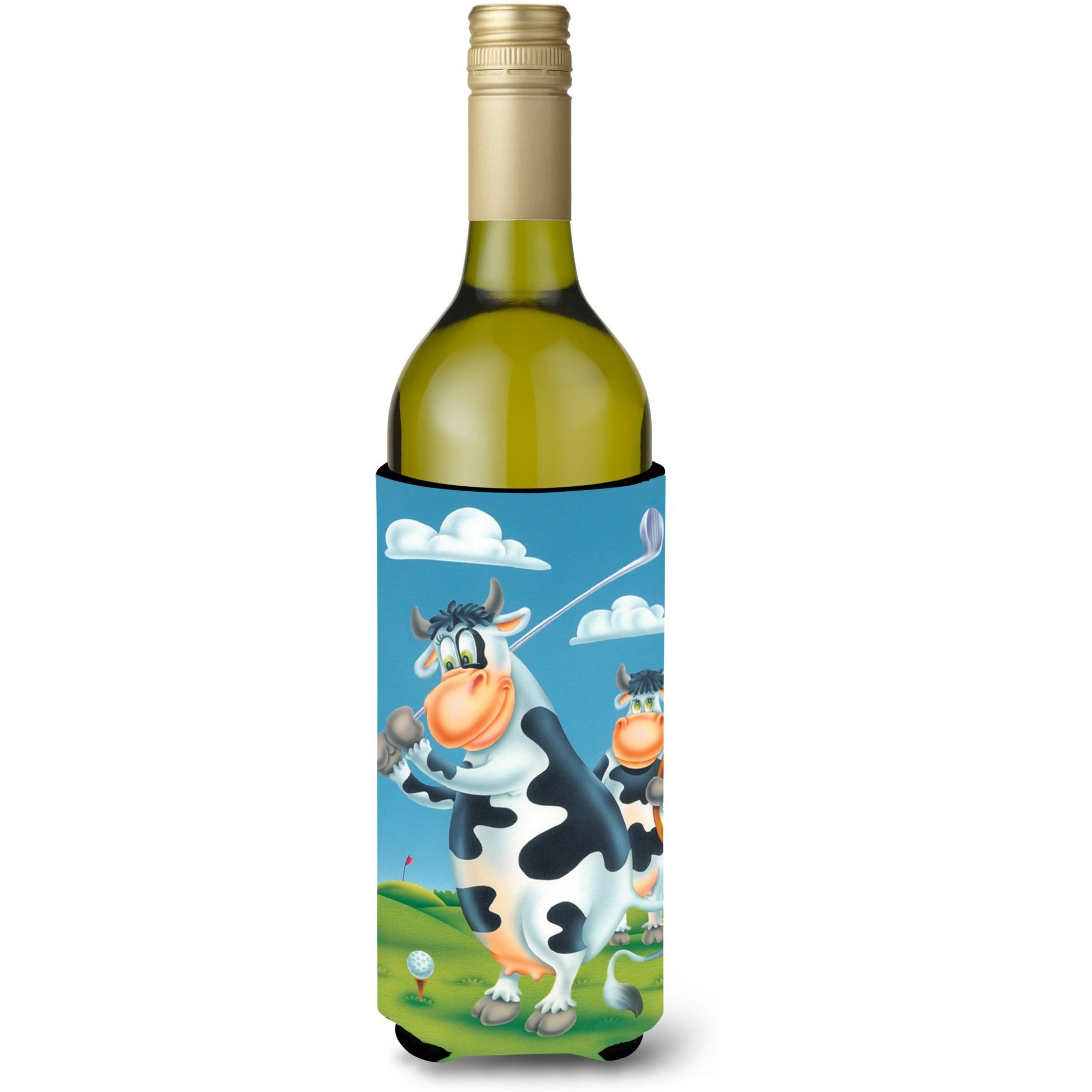 &quotCaroline's Treasures APH0535LITERK Cow Playing Golf Wine Bottle Koozie Hugger, 750ml, Multicolor"