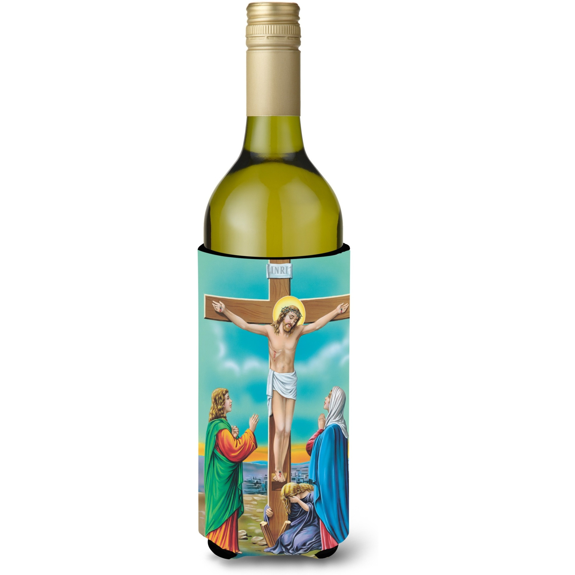 &quotCaroline's Treasures APH1307LITERK Jesus On The Cross Crucifixion Wine Bottle Koozie Hugger, 750ml, Multicolor"