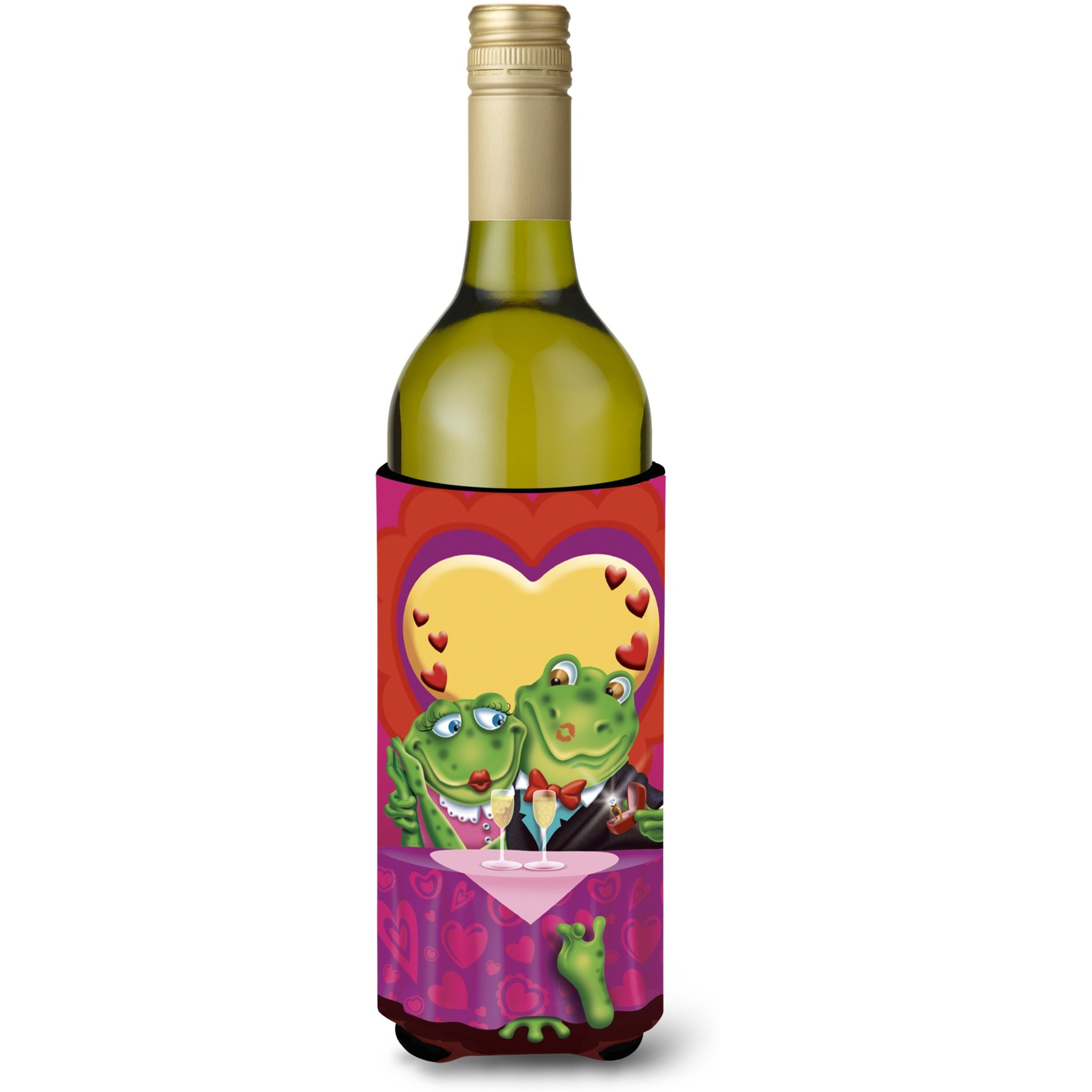 &quotCaroline's Treasures APH2477LITERK Frog Valentine's Day Date Wine Bottle Koozie Hugger, 750ml, Multicolor"