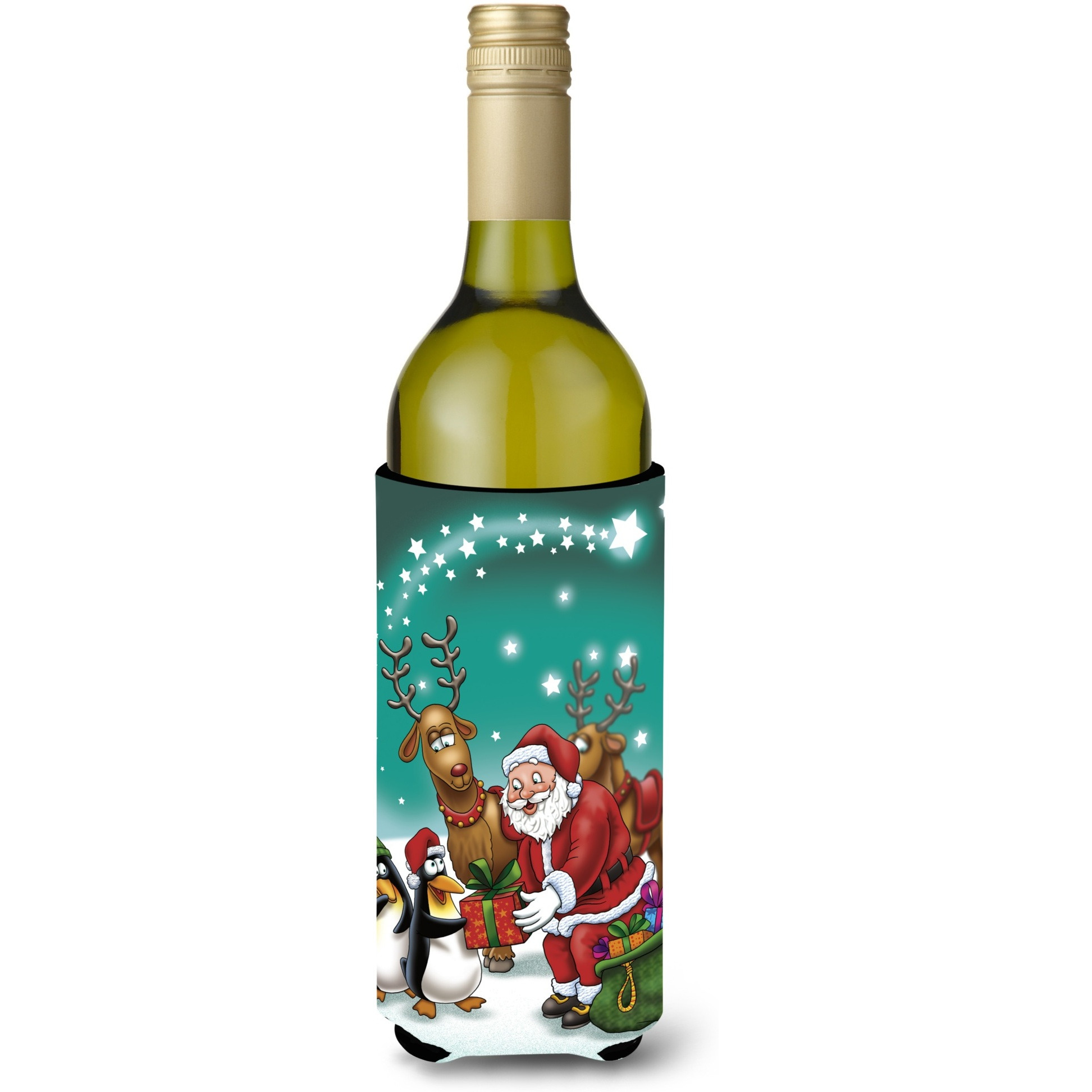 &quotCaroline's Treasures Santa Claus Christmas with The Penguins Wine Bottle Koozie Hugger, 750ml, Multicolor"