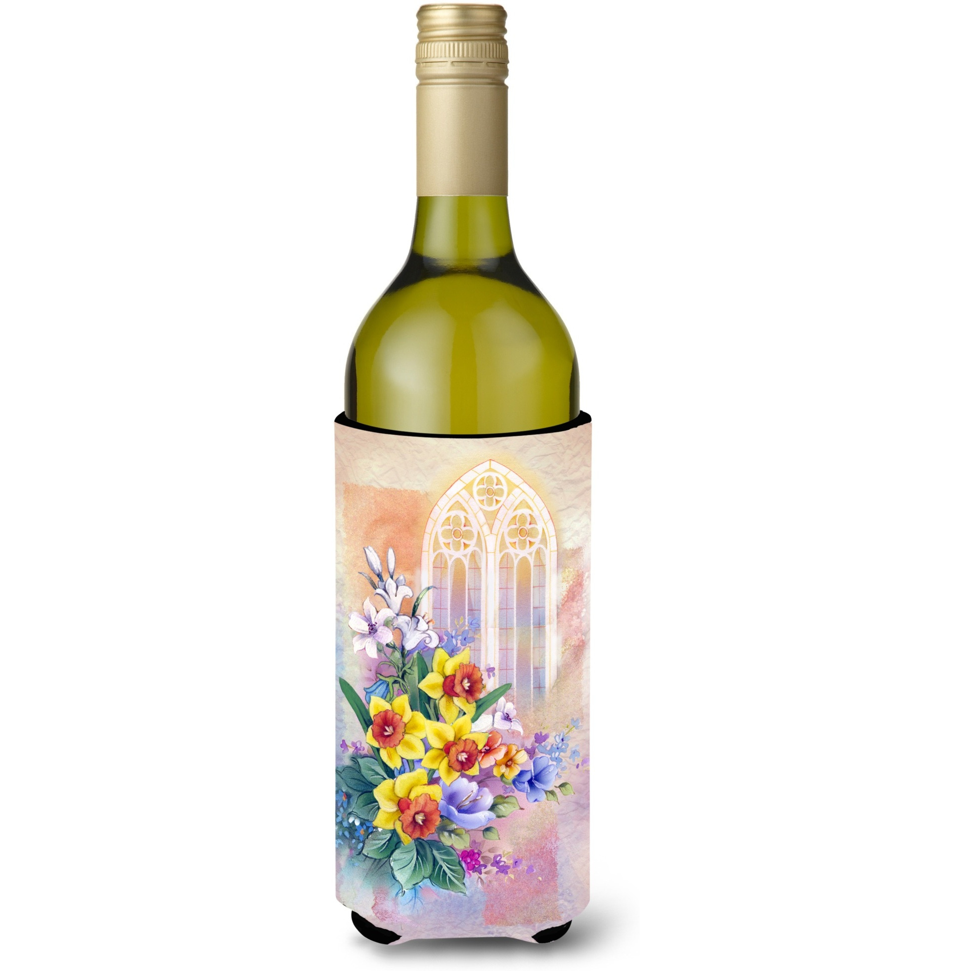 &quotCaroline's Treasures APH3935LITERK Church Window and Daffodils Wine Bottle Beverage Insulator Hugger, 750ml, Multicolor"