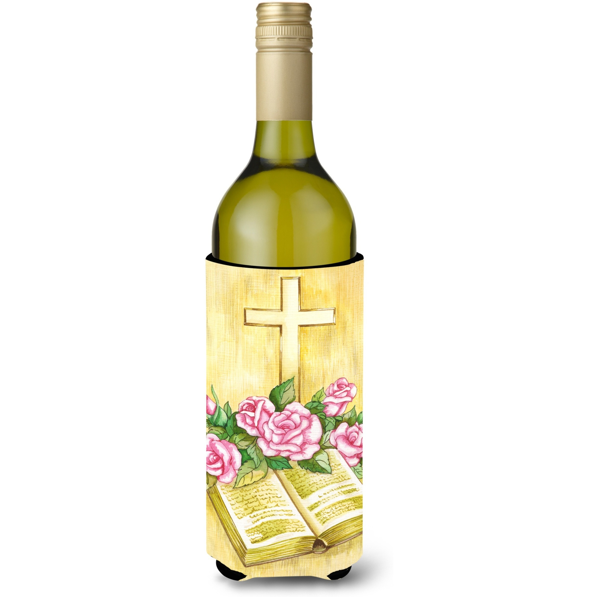 &quotCaroline's Treasures Easter Cross and Bible with Roses Wine Bottle Koozie Hugger, 750ml, Multicolor"