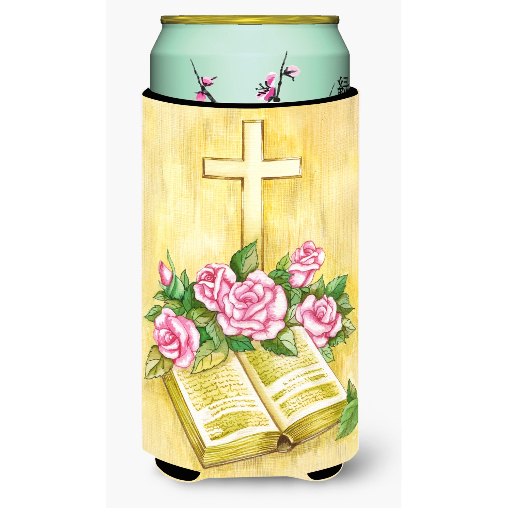 &quotCaroline's Treasures Easter Cross and Bible with Roses Tall Boy Koozie Hugger, Multicolor"