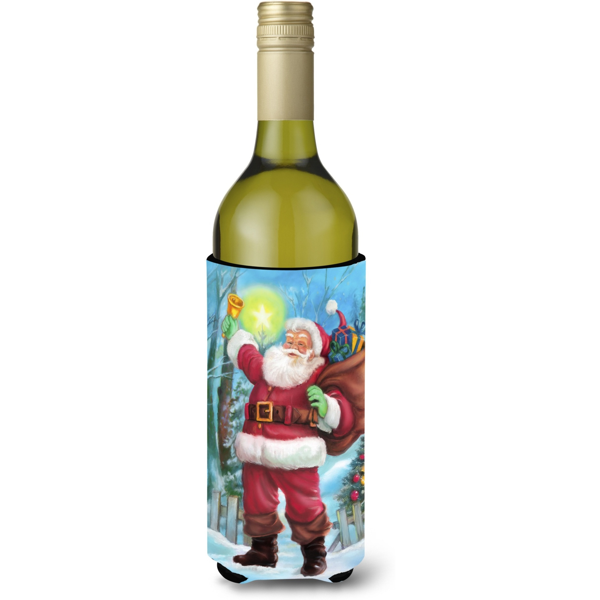 &quotCaroline's Treasures Christmas Santa Ringing The Bell Wine Bottle Koozie Hugger, 750ml, Multicolor"
