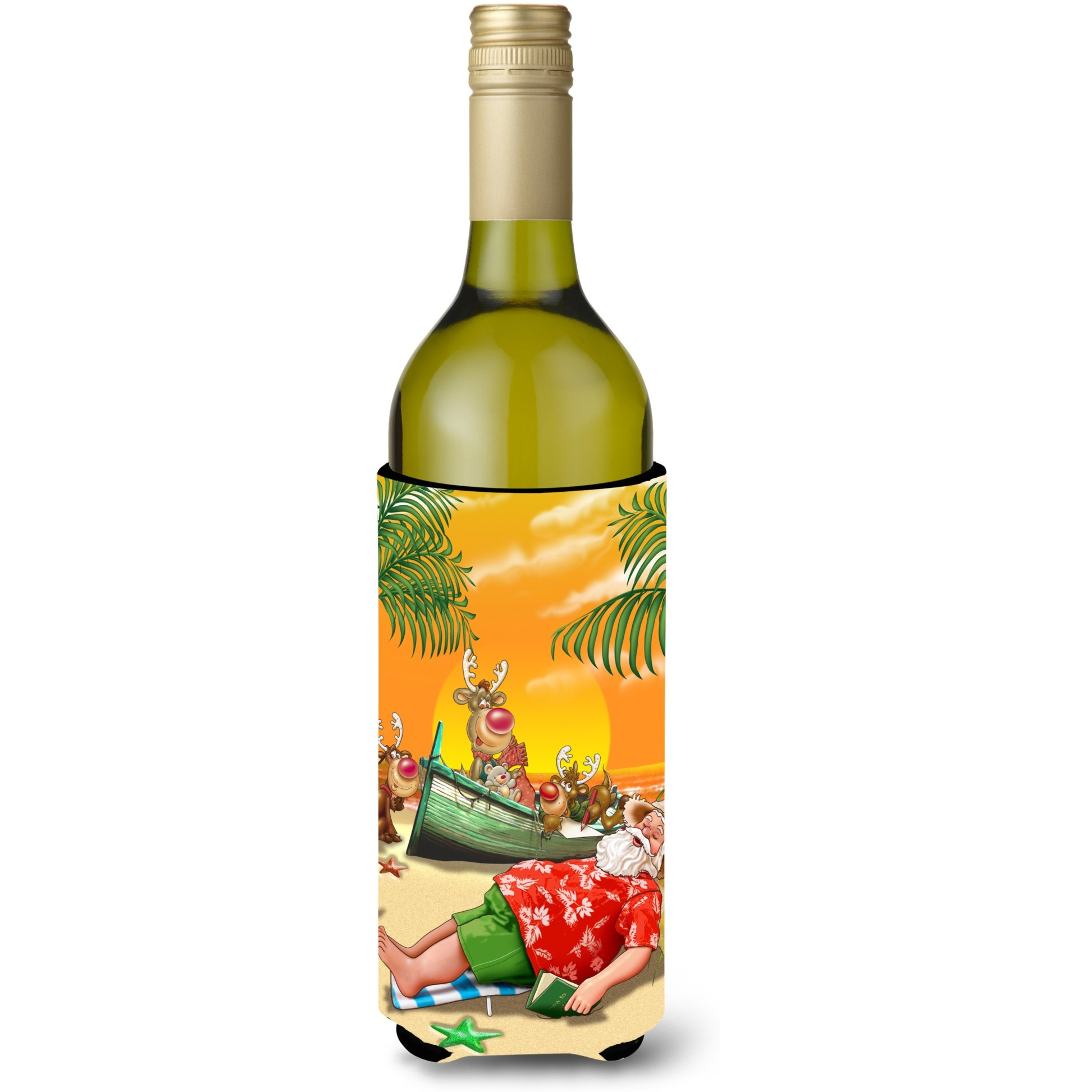 &quotCaroline's Treasures Beach Christmas Santa Claus Napping Wine Bottle Koozie Hugger, 750ml, Multicolor"