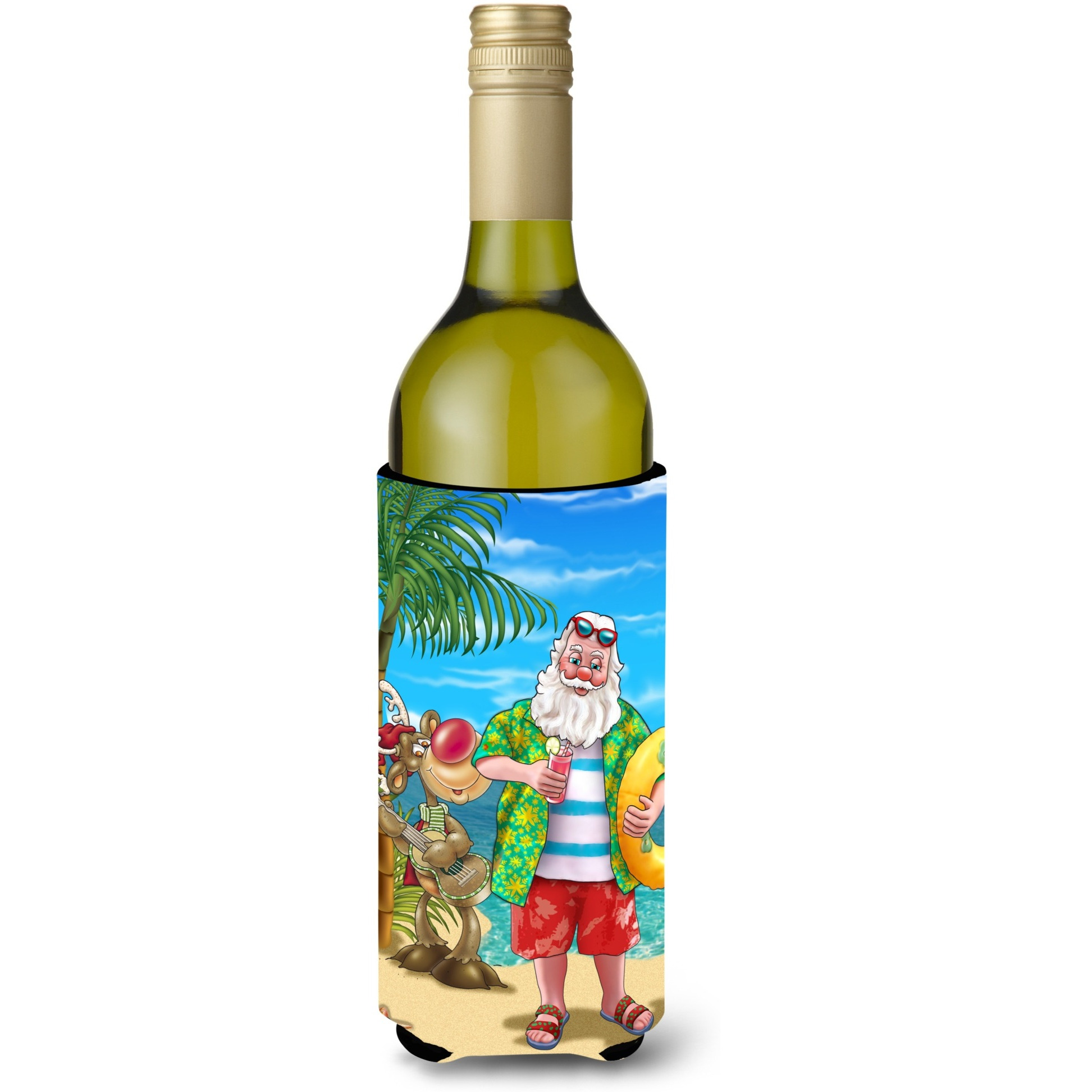 &quotCaroline's Treasures Beach Christmas Santa Claus Swimming Wine Bottle Koozie Hugger, 750ml, Multicolor"