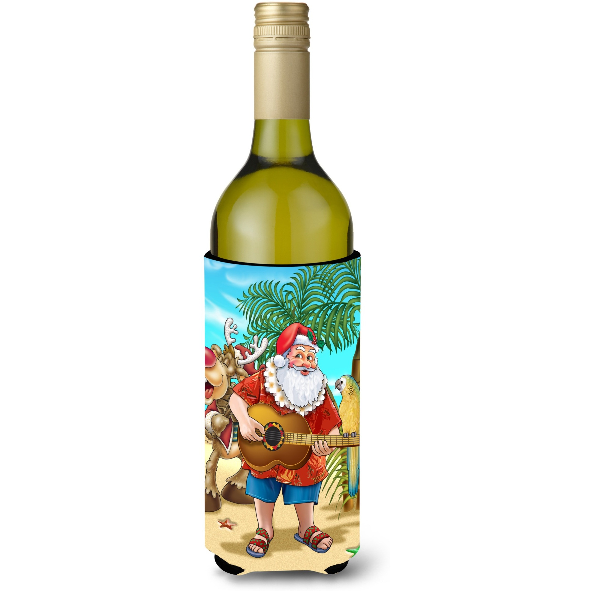 &quotCaroline's Treasures Beach Christmas Santa Claus Island Time Wine Bottle Koozie Hugger, 750ml, Multicolor"