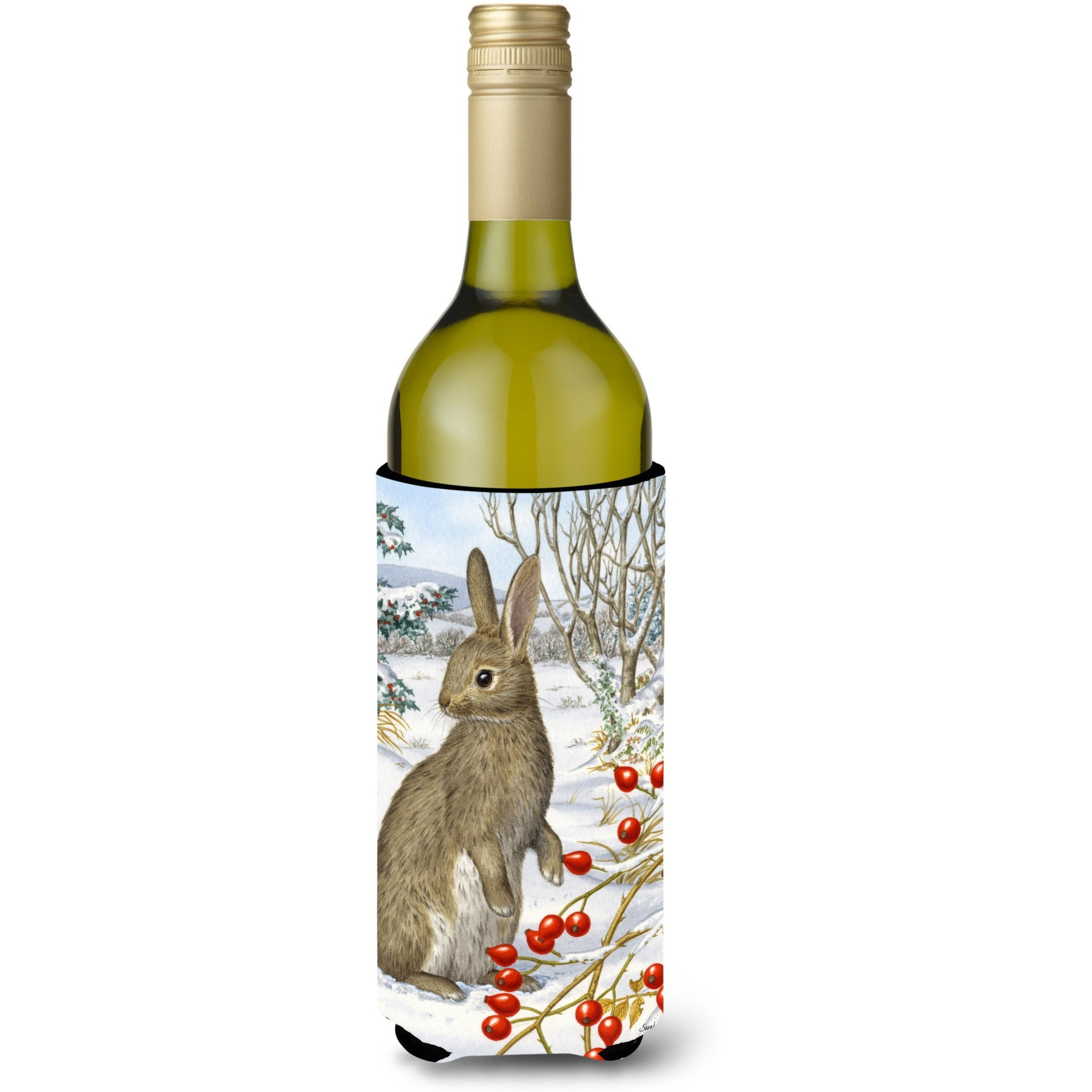 &quotCaroline's Treasures Rabbit with Berries Wine Bottle Beverage insualtor Hugger, 750 ml, Multicolor"
