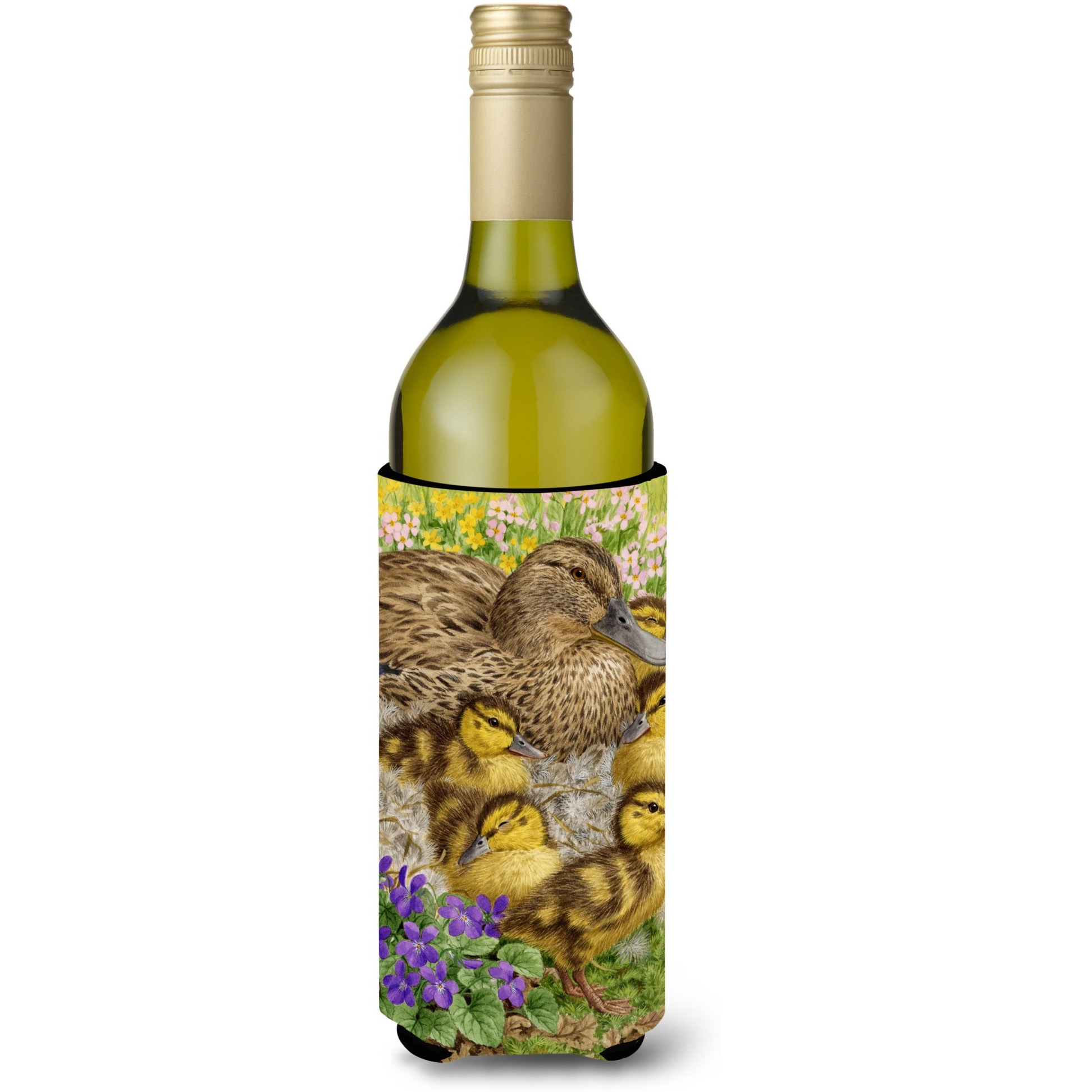 &quotCaroline's Treasures ASA2084LITERK Female Mallard Duck and Ducklings Wine Bottle Koozie Hugger, 750 ml, Multicolor"