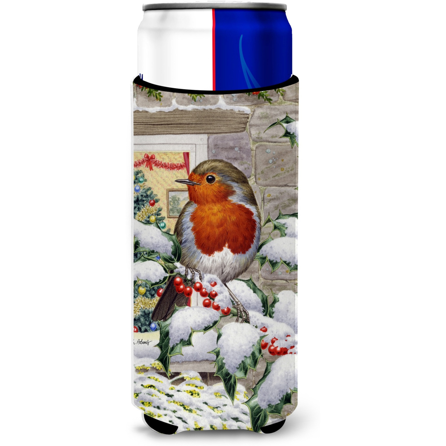 &quotCaroline's Treasures European Robin At The Window Michelob Ultra Koozies for Slim Cans, Multicolor"