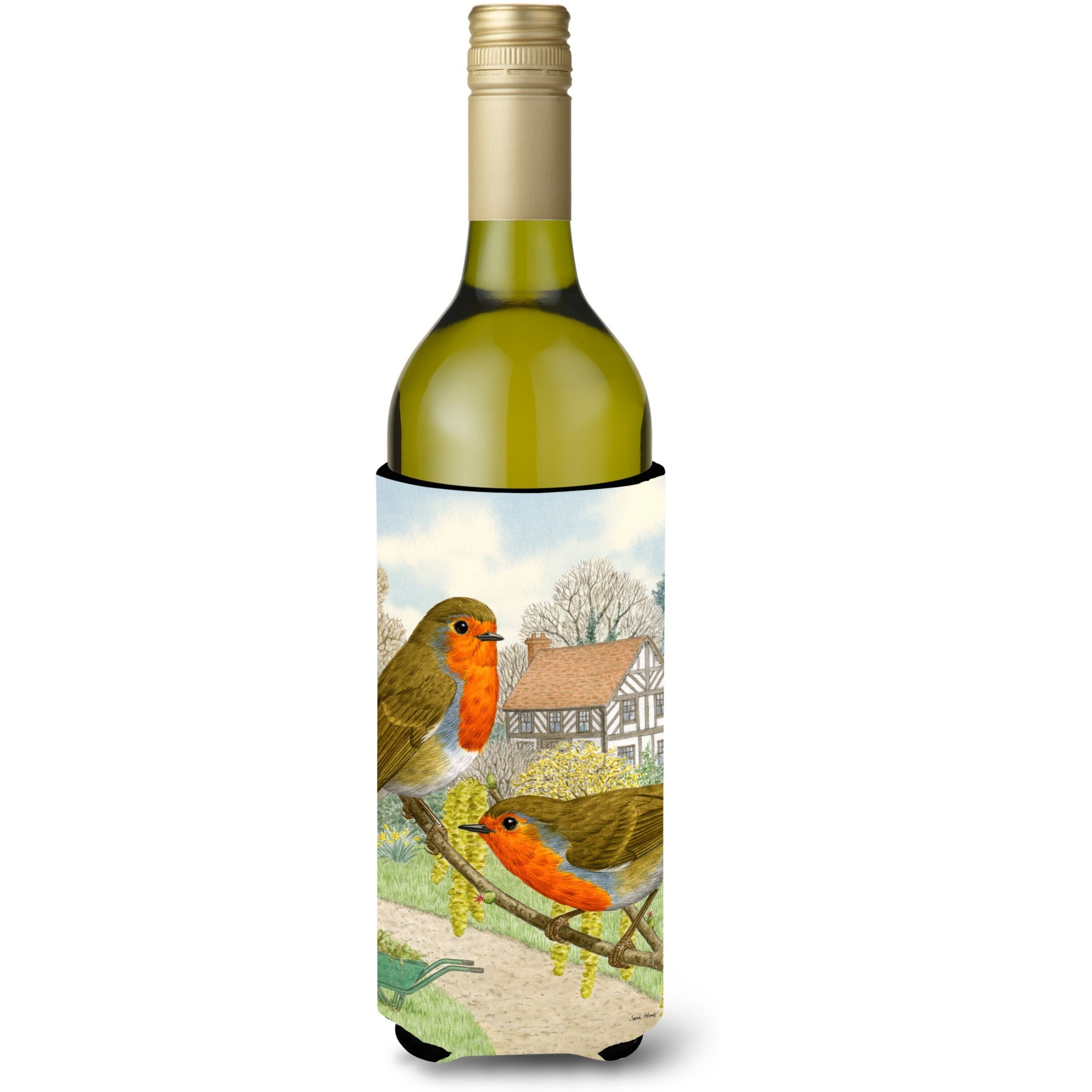 &quotCaroline's Treasures European Robins Wine Bottle Koozie Hugger, 750 ml, Multicolor"
