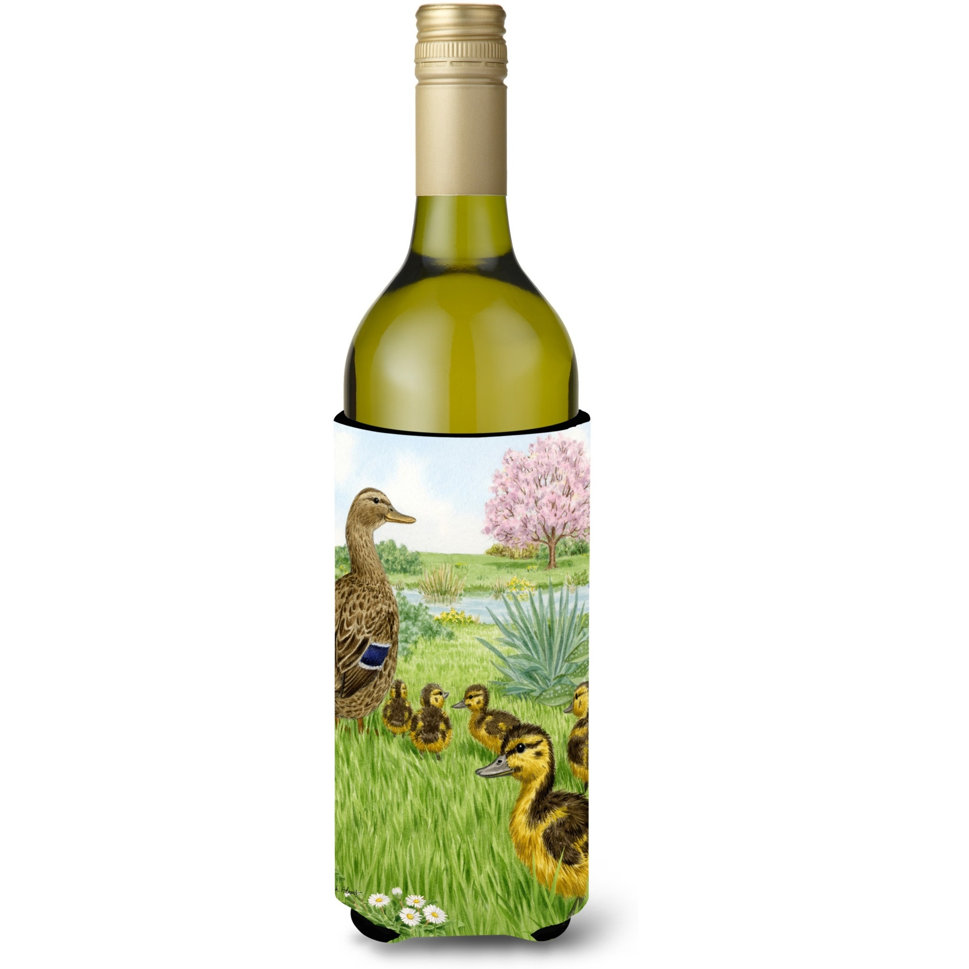 &quotCaroline's Treasures ASA2105LITERK Female Mallard Duck and Ducklings Wine Bottle Koozie Hugger, 750 ml, Multicolor"