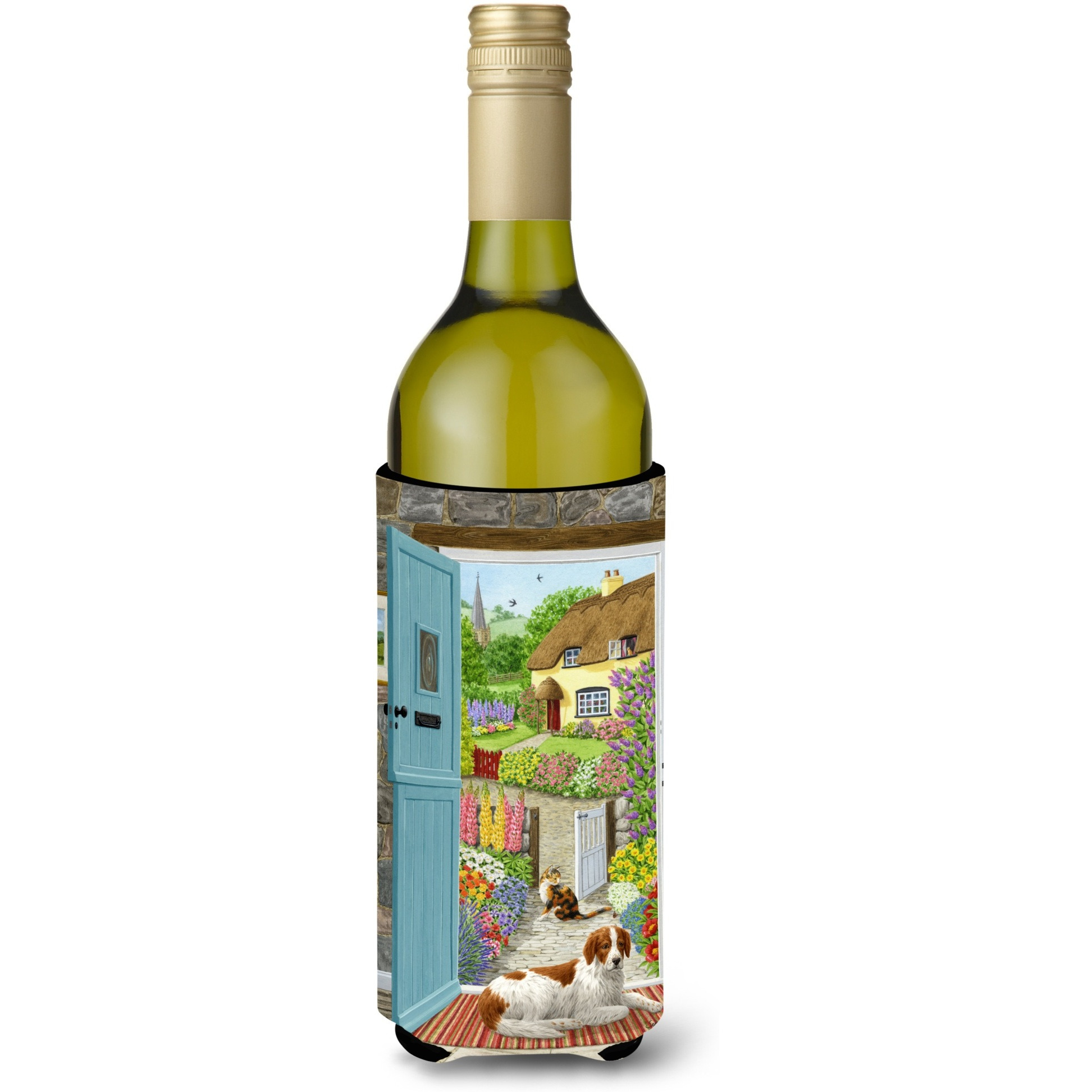 &quotCaroline's Treasures Welsh Springer Spaniel At The Cottage Door Wine Bottle Koozie Hugger, 750 ml, Multicolor"