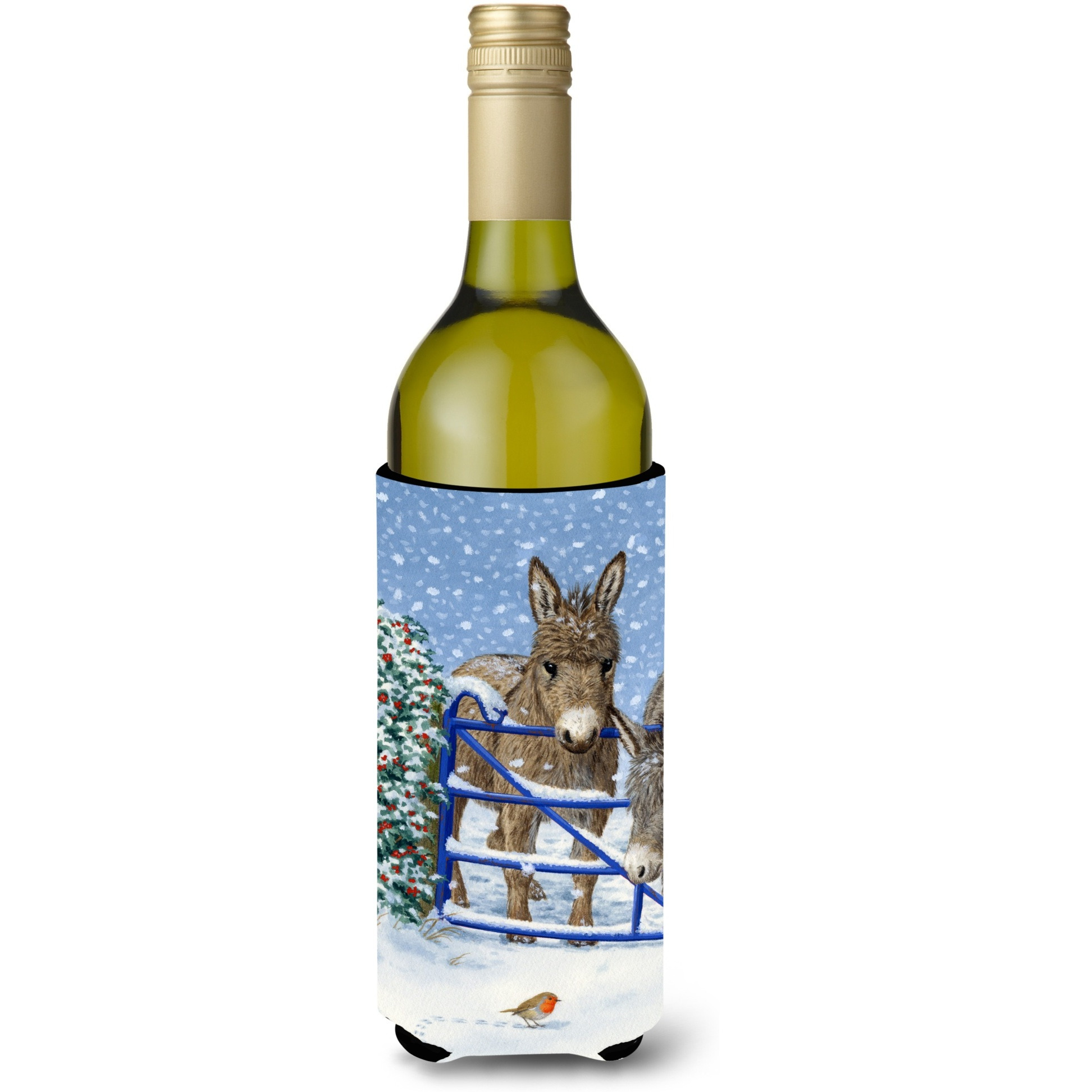 &quotCaroline's Treasures Donkeys and Robin Wine Bottle Koozie Hugger, 750 ml, Multicolor"