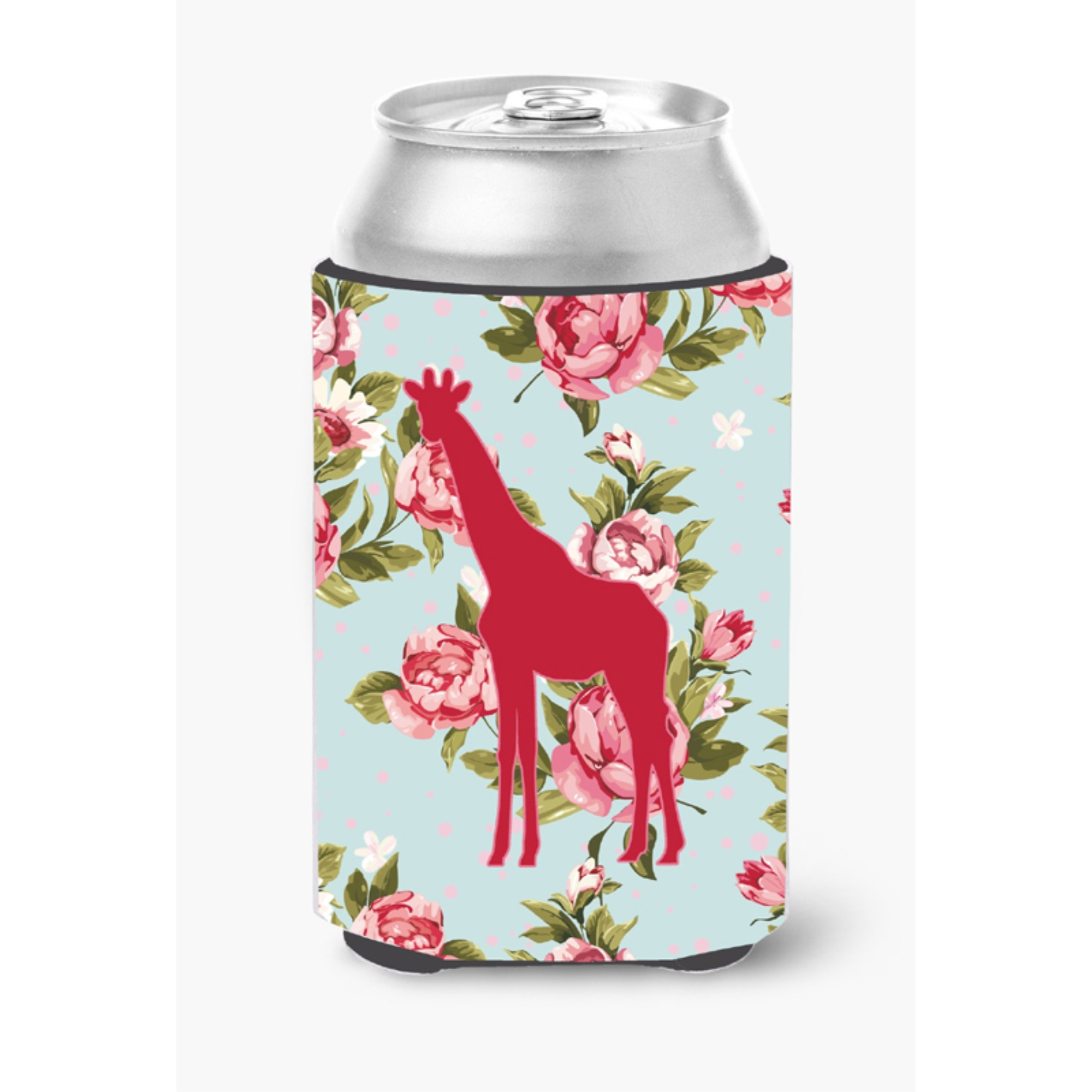 Giraffe Shabby Chic Blue Roses Can or Bottle Beverage Insulator Hugger BB1001