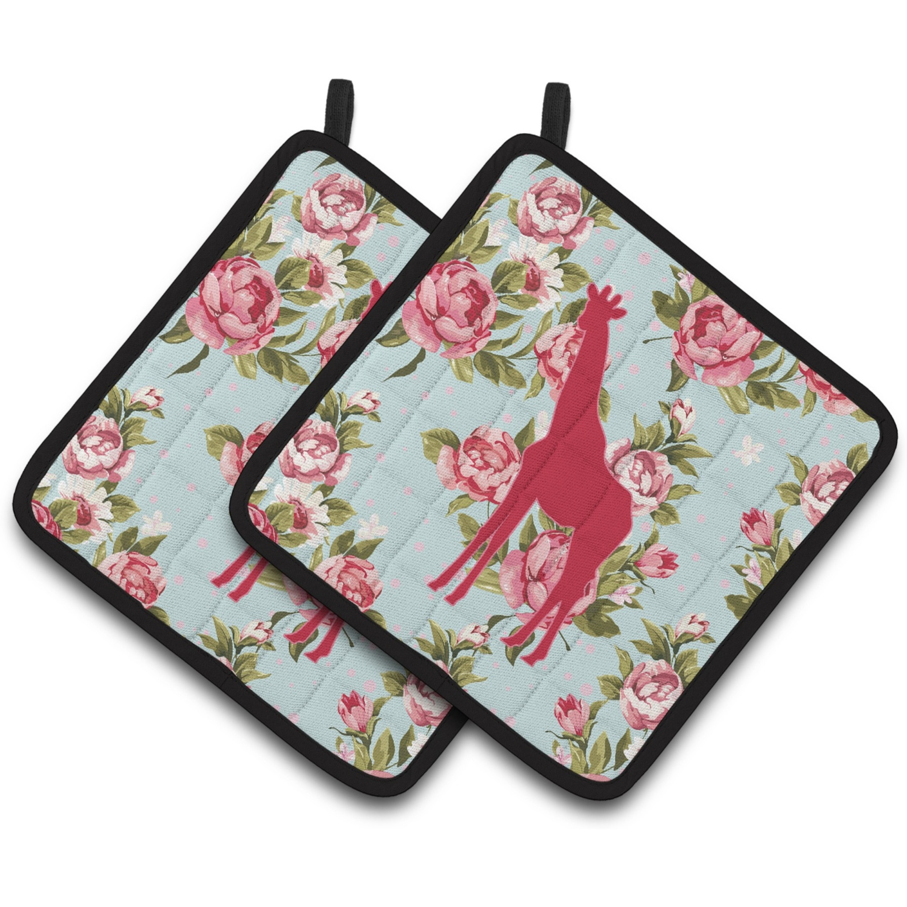 &quotCaroline's Treasures Giraffe Shabby Chic Blue Roses Pair of Pot Holders BB1001-RS-BU-PTHD, 7.5HX7.5W, Multicolor"