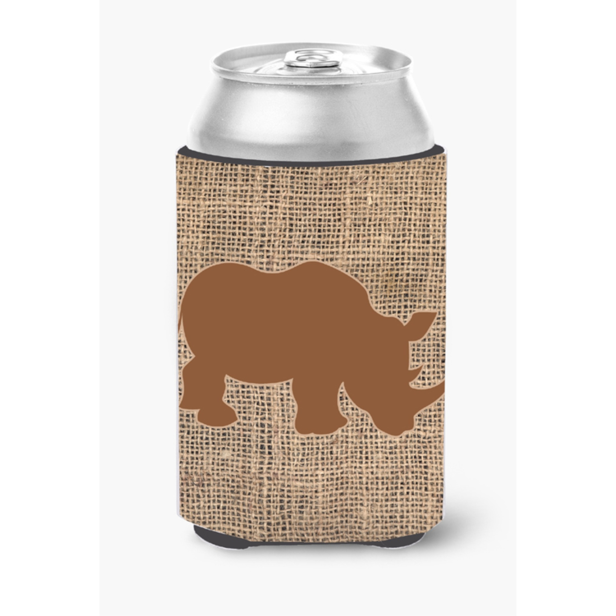 Rhinoceros Burlap and Brown Can or Bottle Beverage Insulator Hugger