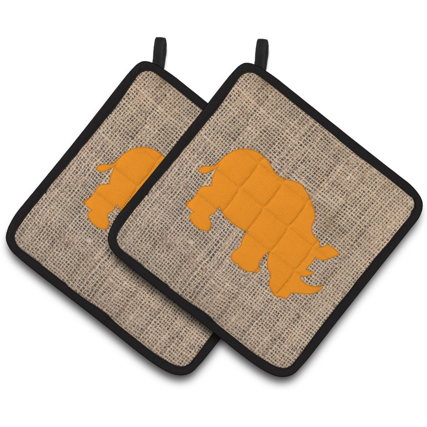 &quotCaroline's Treasures Rhinoceros Faux Burlap & Orange Pair of Pot Holders BB1006-BL-OR-PTHD, 7.5HX7.5W, Multicolor"