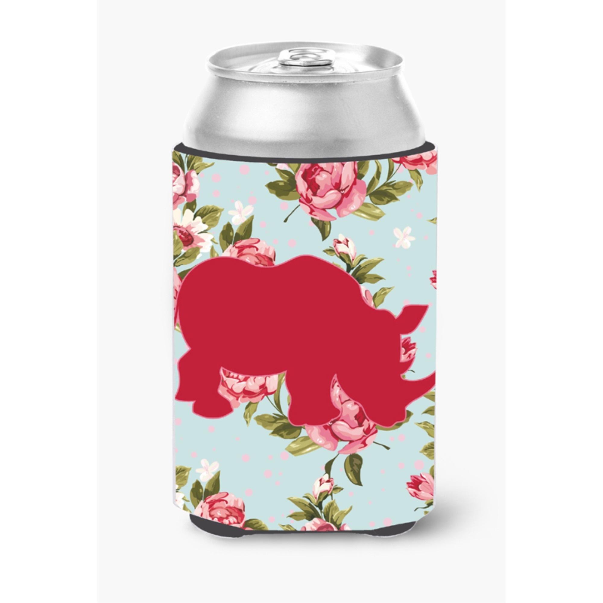 Rhinoceros Shabby Chic Blue Roses Can or Bottle Beverage Insulator Hugger BB1006