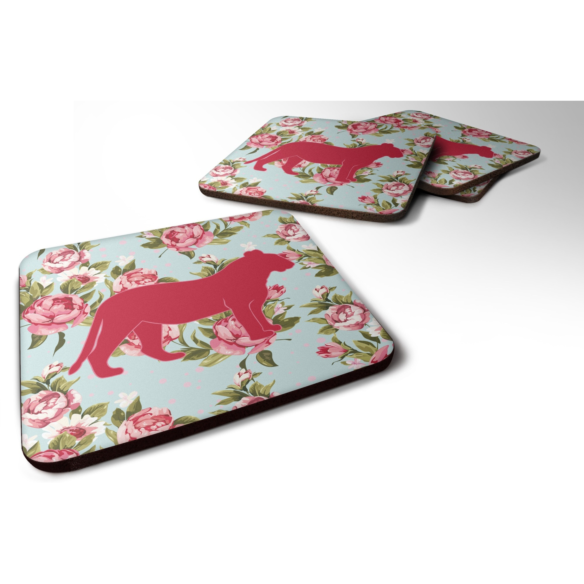 &quotCaroline's Treasures BB1010-RS-BU-FC Tiger Shabby Chic Blue Roses Foam Coasters (Set of 4), 3.5"" H x 3.5"" W, Multicolor"