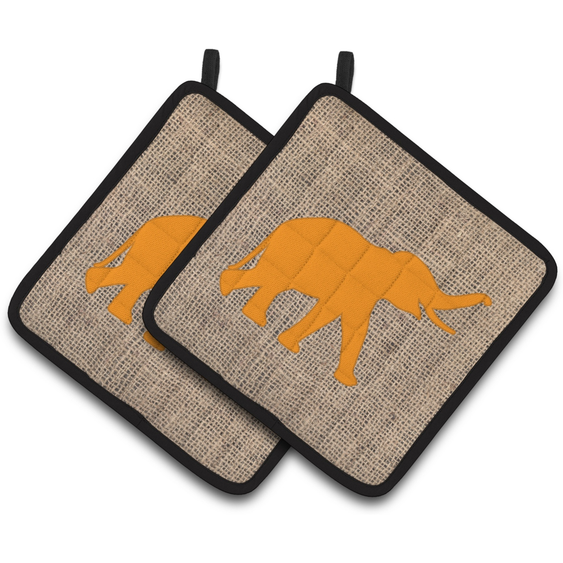 &quotCaroline's Treasures Elephant Faux Burlap & Orange Pair of Pot Holders BB1011-BL-OR-PTHD, 7.5HX7.5W, Multicolor"
