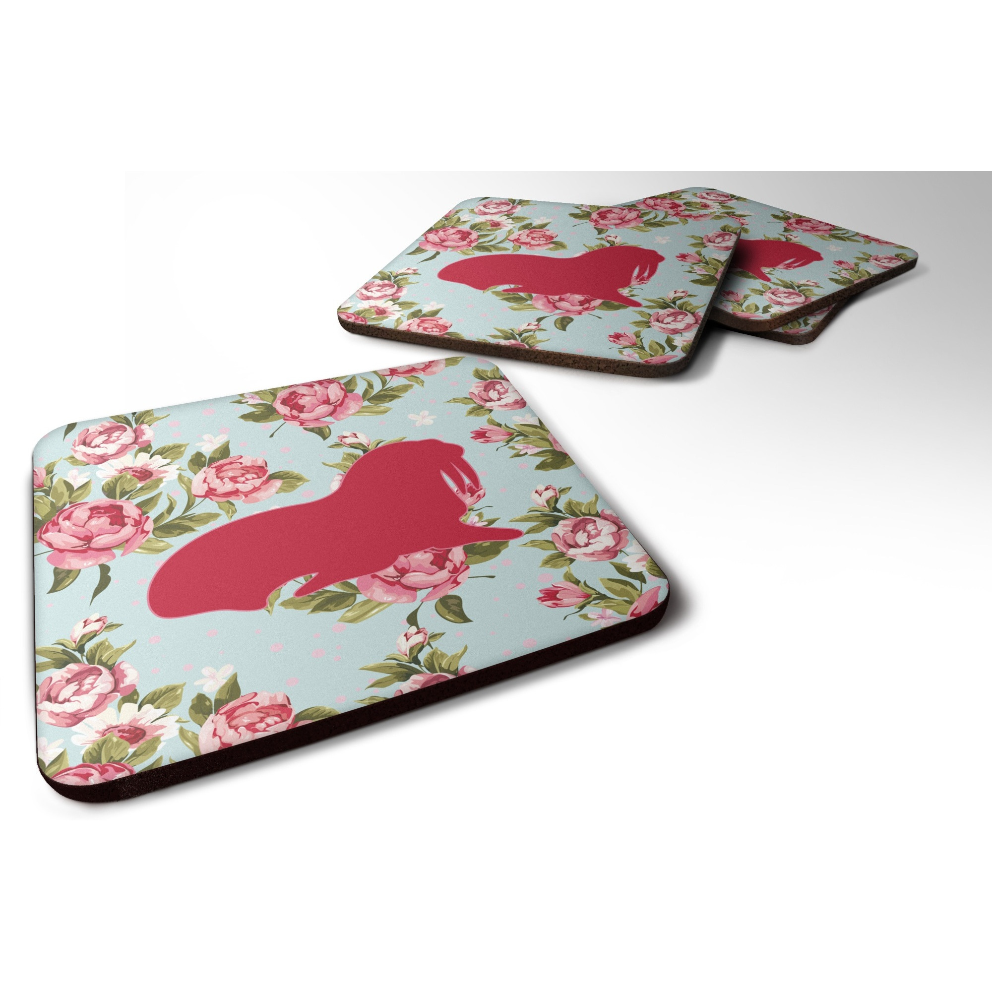 &quotCaroline's Treasures BB1017-RS-BU-FC Walrus Shabby Chic Blue Roses Foam Coasters (Set of 4), 3.5"" H x 3.5"" W, Multicolor"