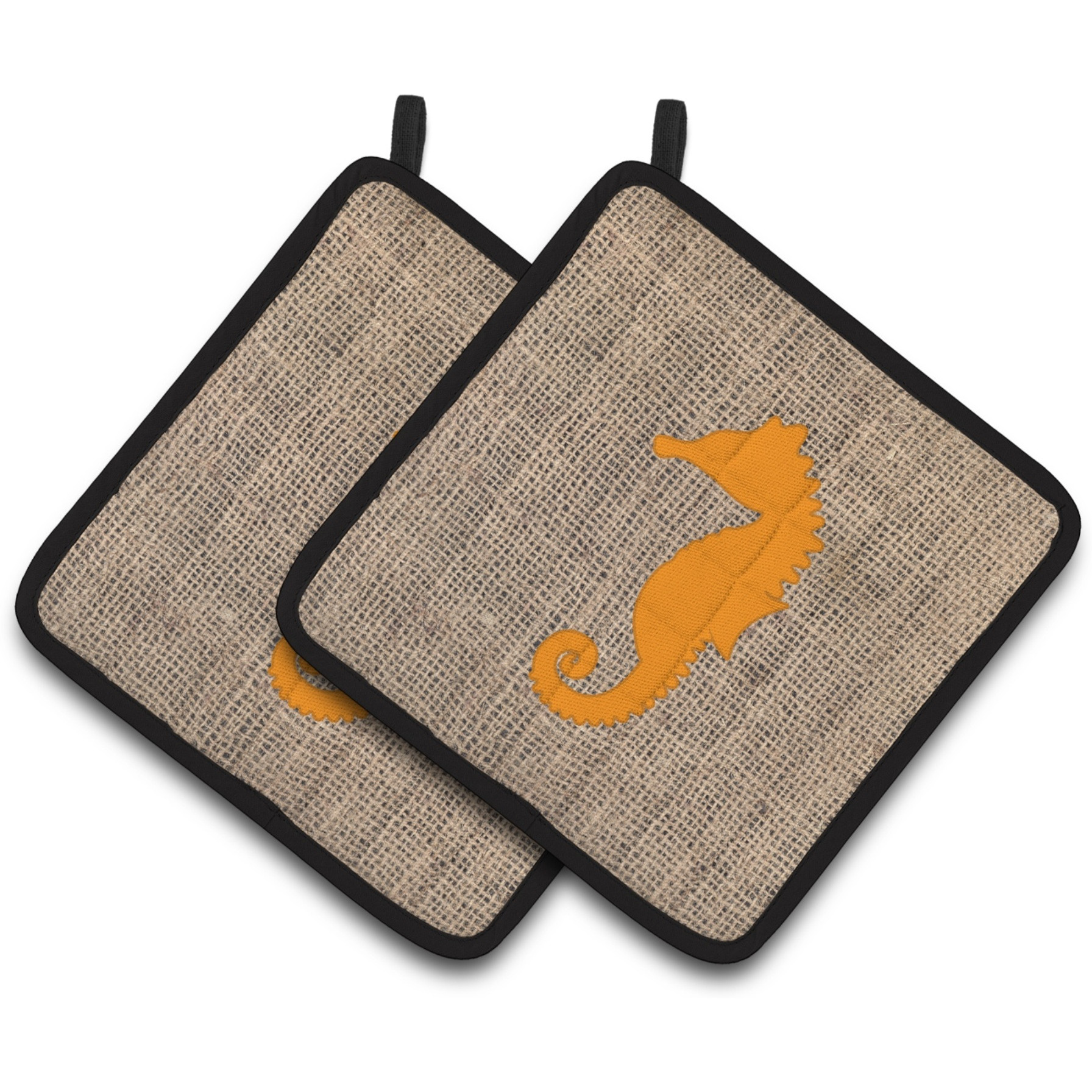 &quotCaroline's Treasures Sea Horse Faux Burlap & Orange Pair of Pot Holders BB1018-BL-OR-PTHD, 7.5HX7.5W, Multicolor"