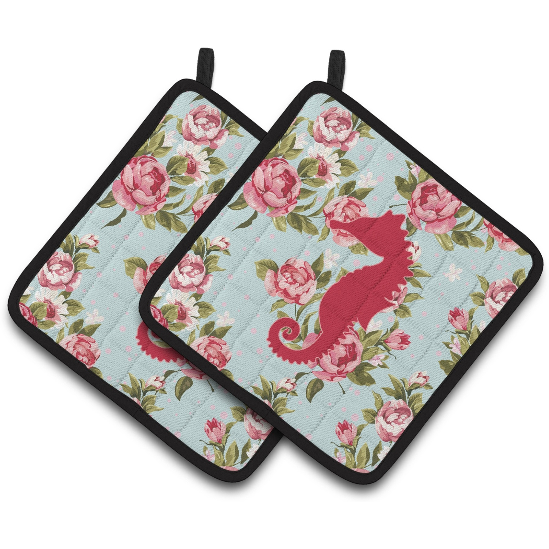 &quotCaroline's Treasures Sea Horse Shabby Chic Blue Roses Pair of Pot Holders BB1018-RS-BU-PTHD, 7.5HX7.5W, Multicolor"