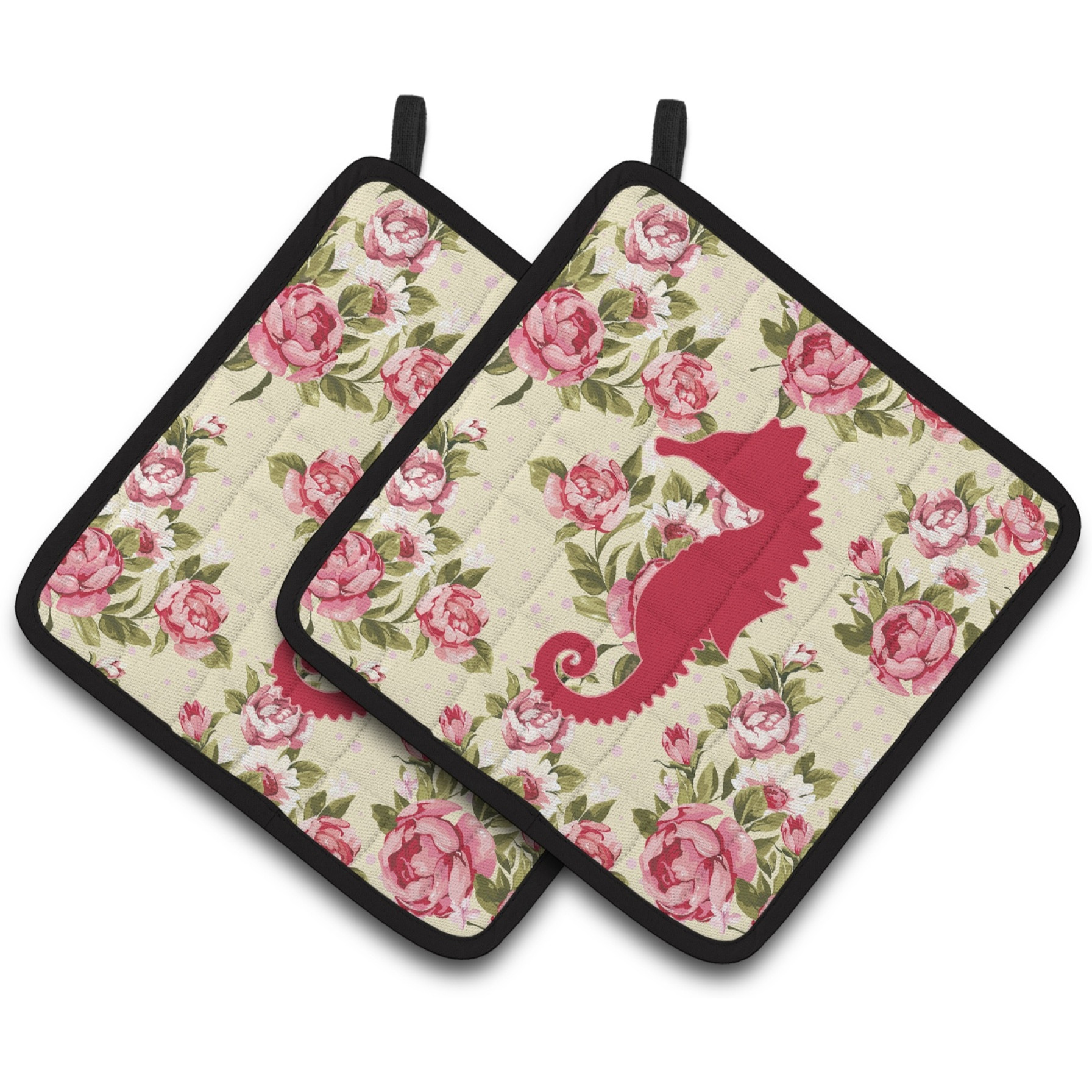 &quotCaroline's Treasures Sea Horse Shabby Chic Yellow Roses Pair of Pot Holders BB1018-RS-YW-PTHD, 7.5HX7.5W, Multicolor"
