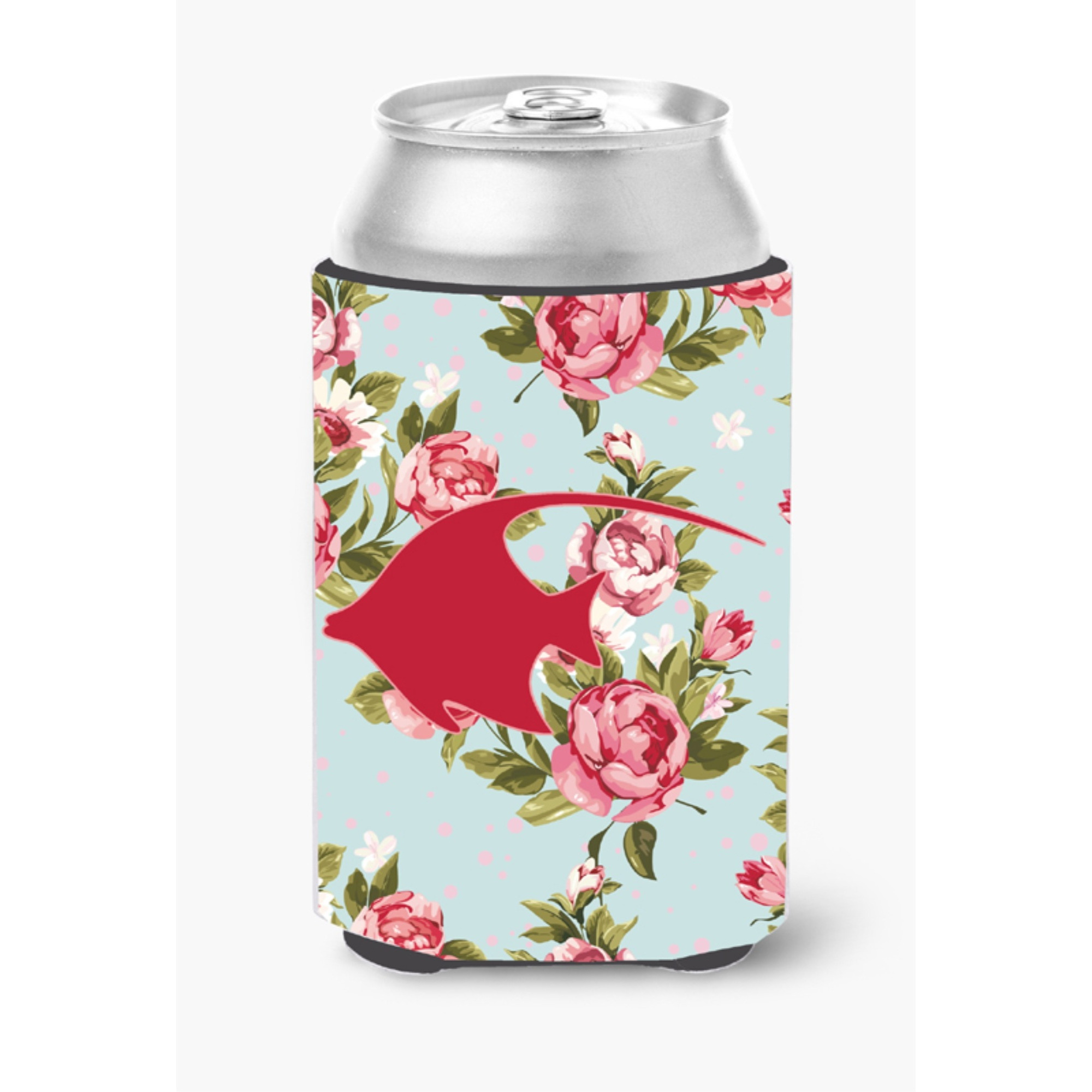 Fish - Angel Fish Shabby Chic Blue Roses Can or Bottle Beverage Insulator Hugger BB1019